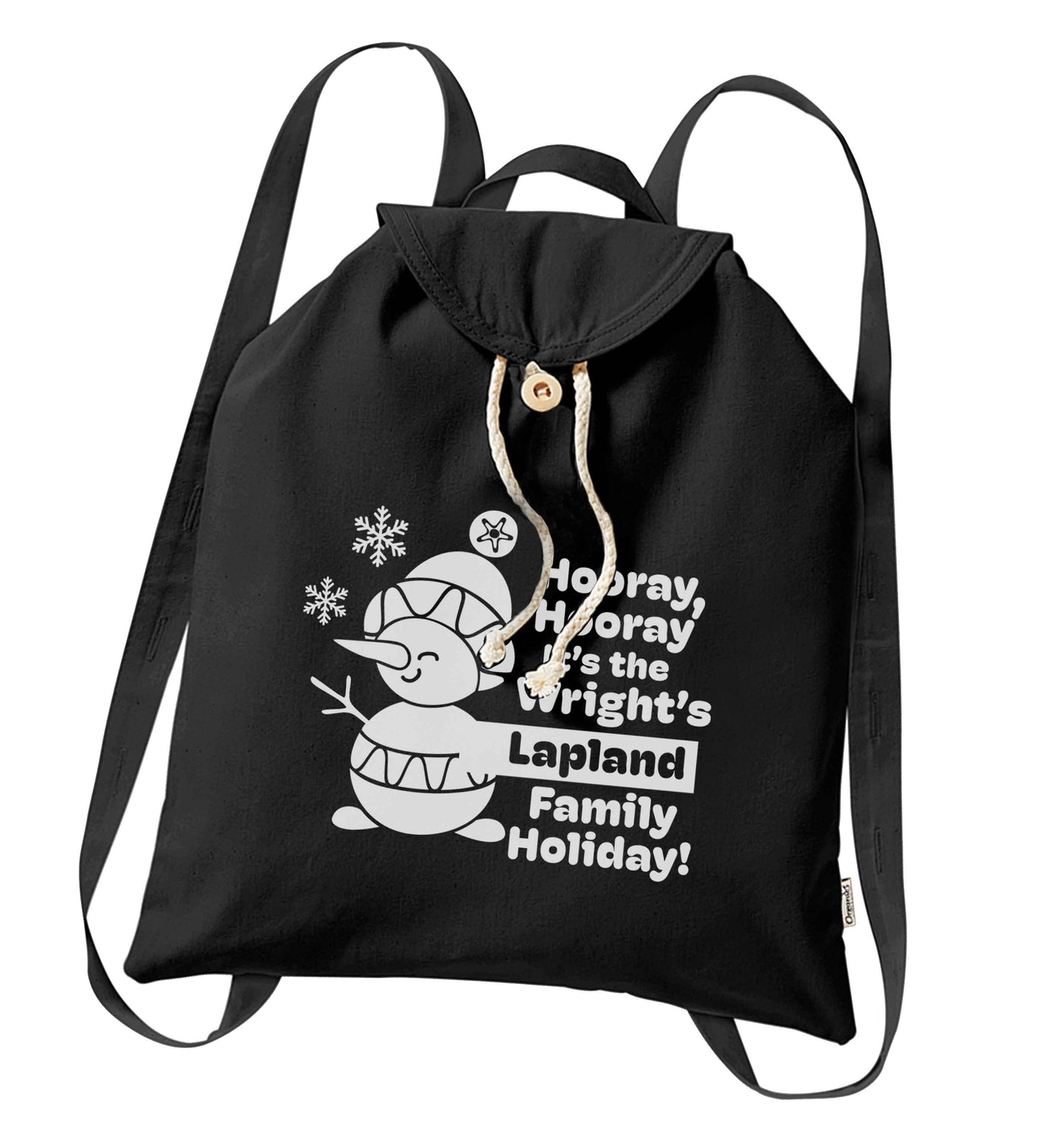 Hooray it's the personalised Lapland holiday! organic cotton backpack tote with wooden buttons in black