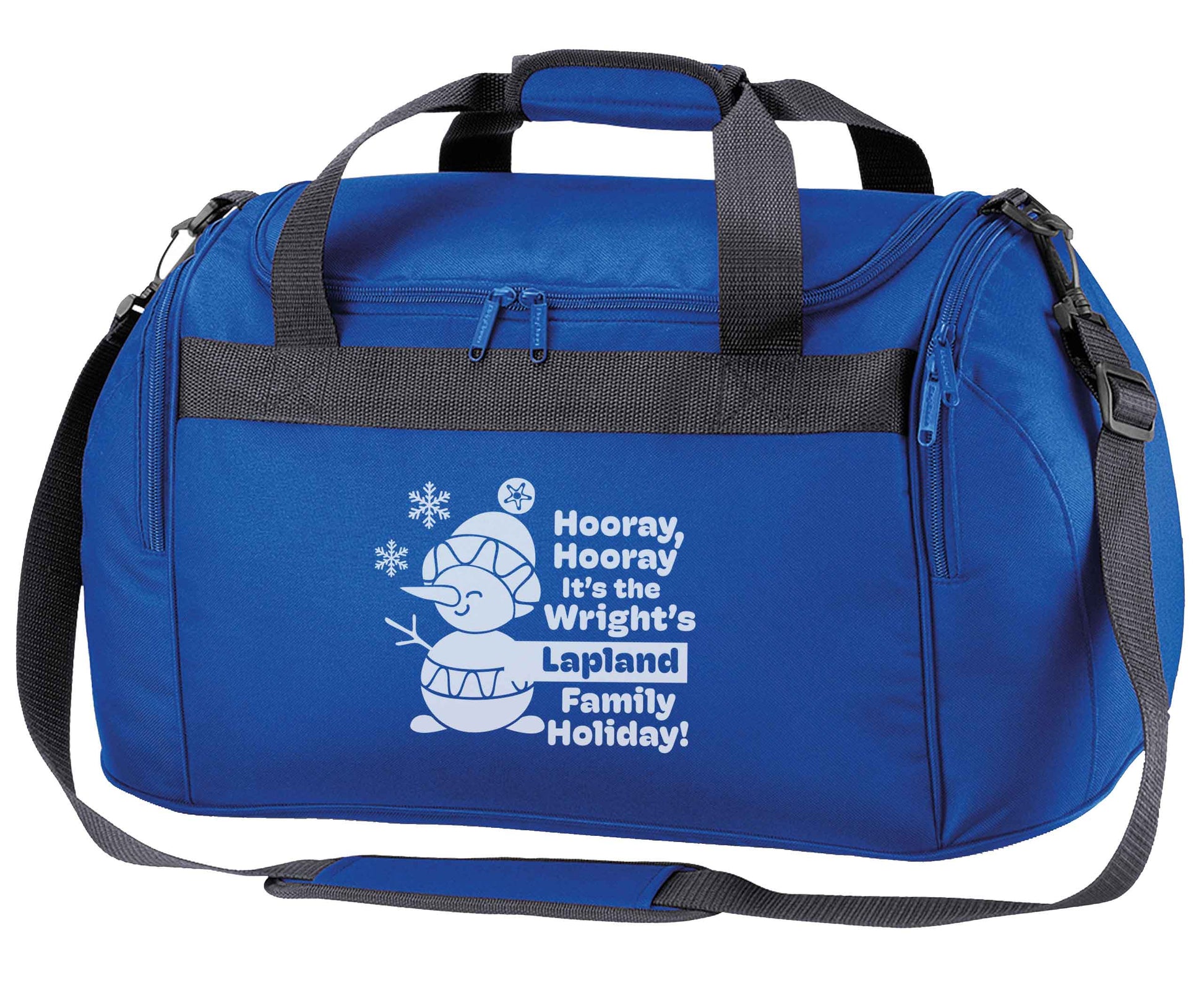 Hooray it's the personalised Lapland holiday! royal blue holdall / duffel bag