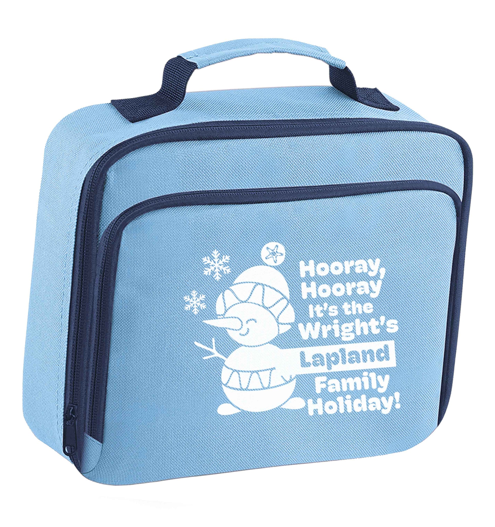 Hooray it's the personalised Lapland holiday! insulated blue lunch bag cooler
