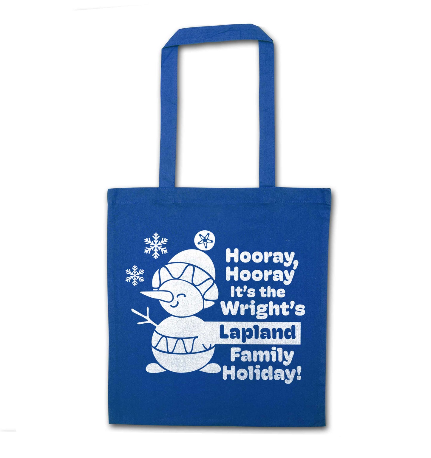 Hooray it's the personalised Lapland holiday! blue tote bag