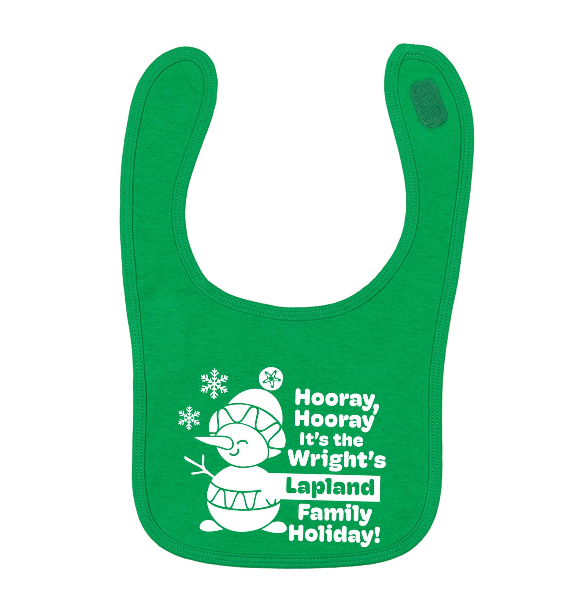 Hooray it's the personalised Lapland holiday! green baby bib