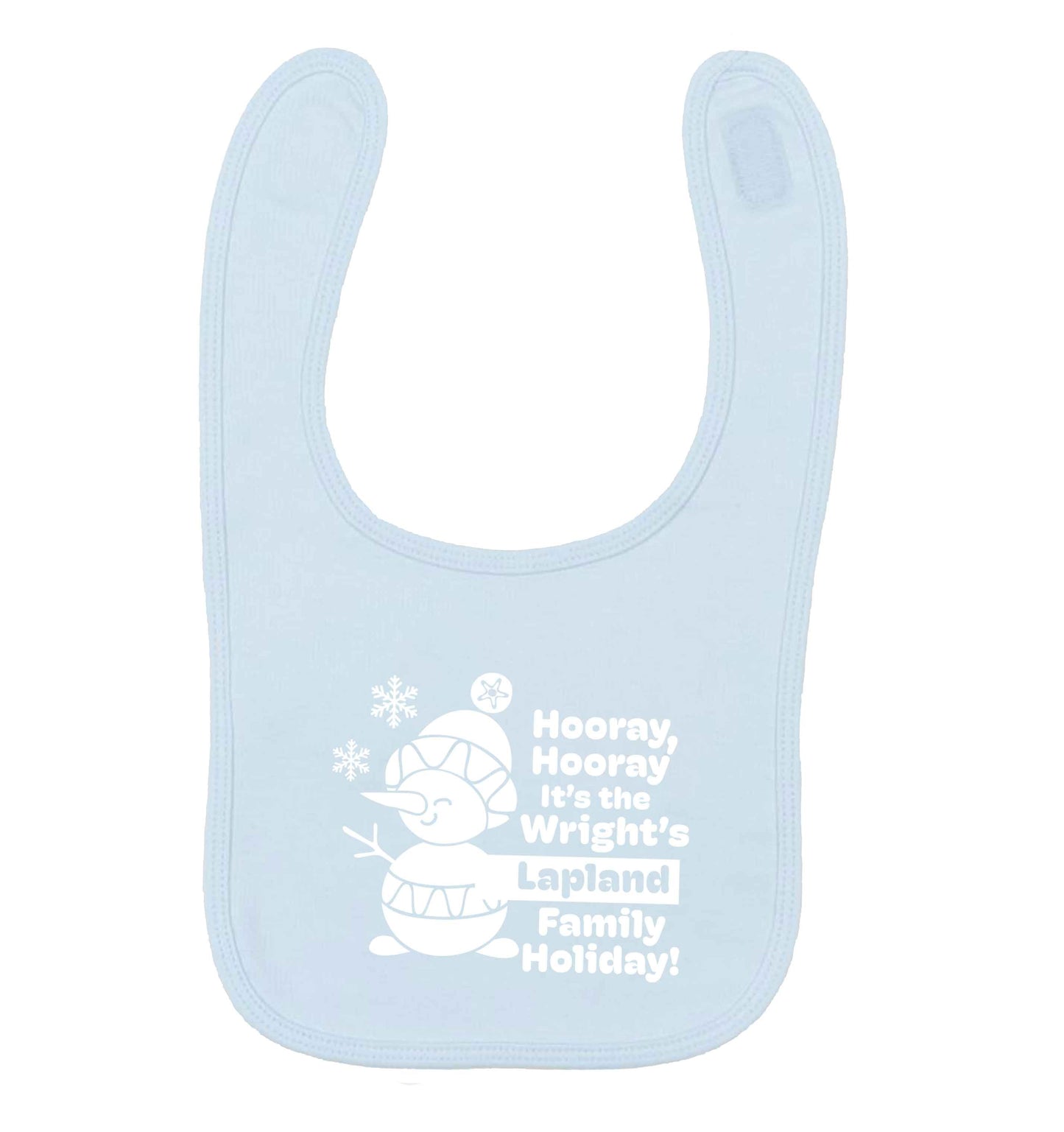 Hooray it's the personalised Lapland holiday! pale blue baby bib