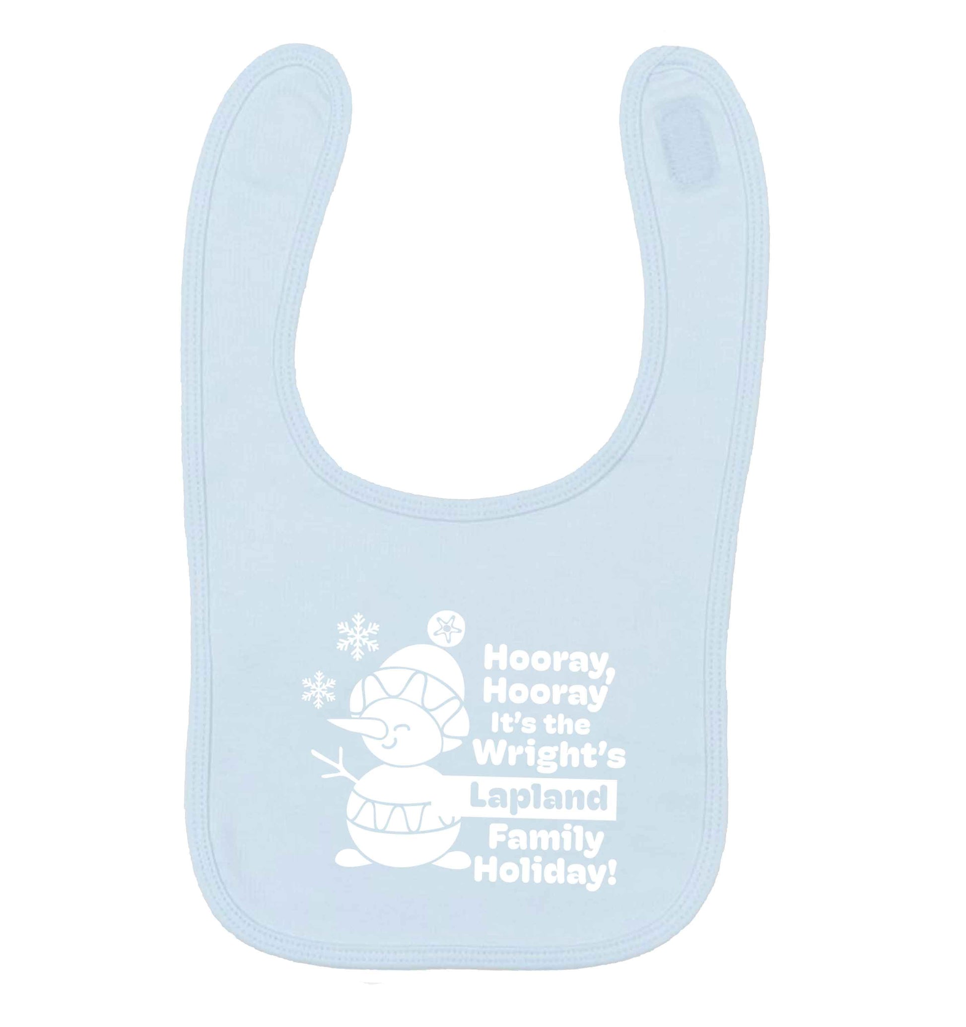 Hooray it's the personalised Lapland holiday! pale blue baby bib