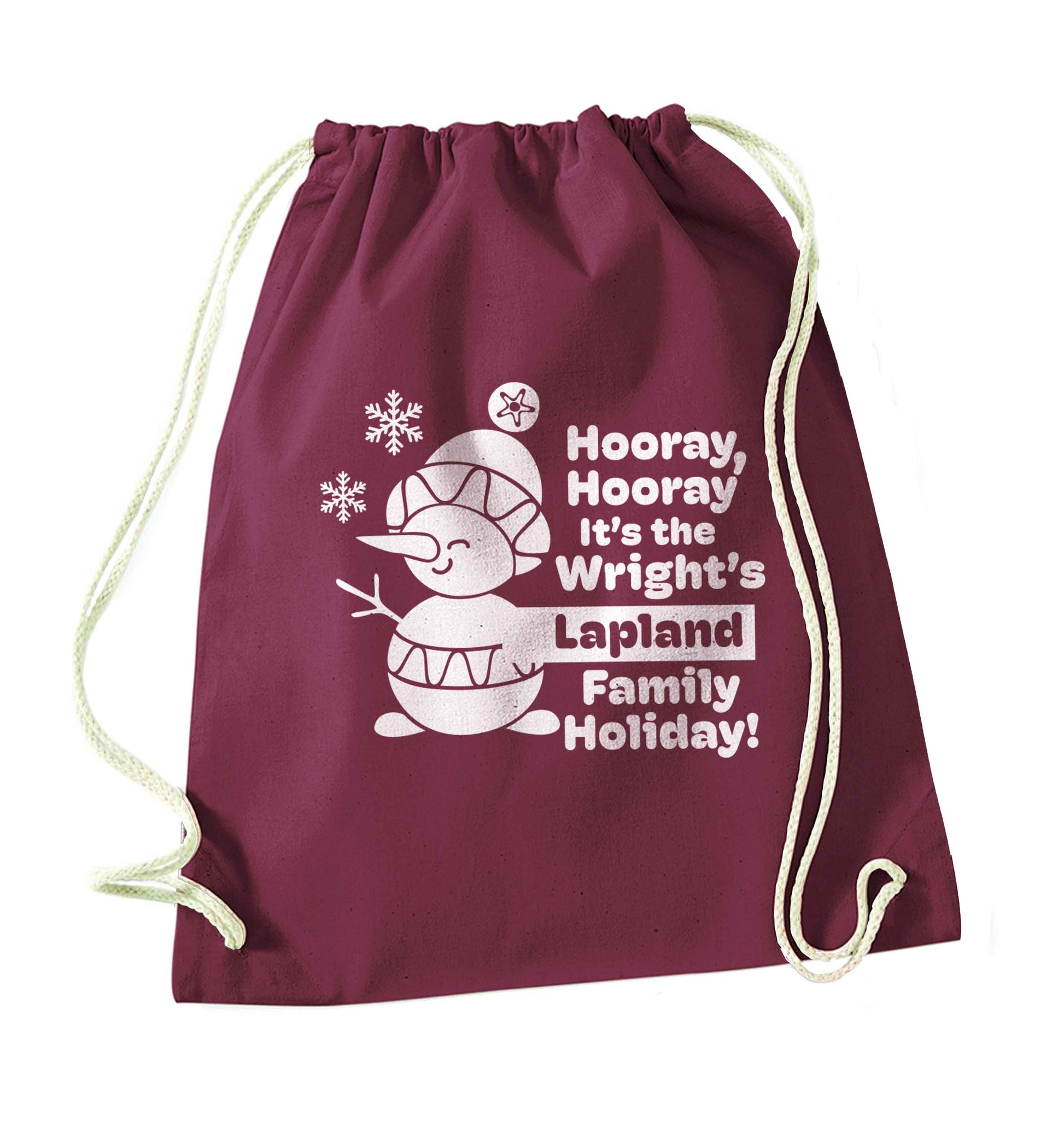 Hooray it's the personalised Lapland holiday! maroon drawstring bag