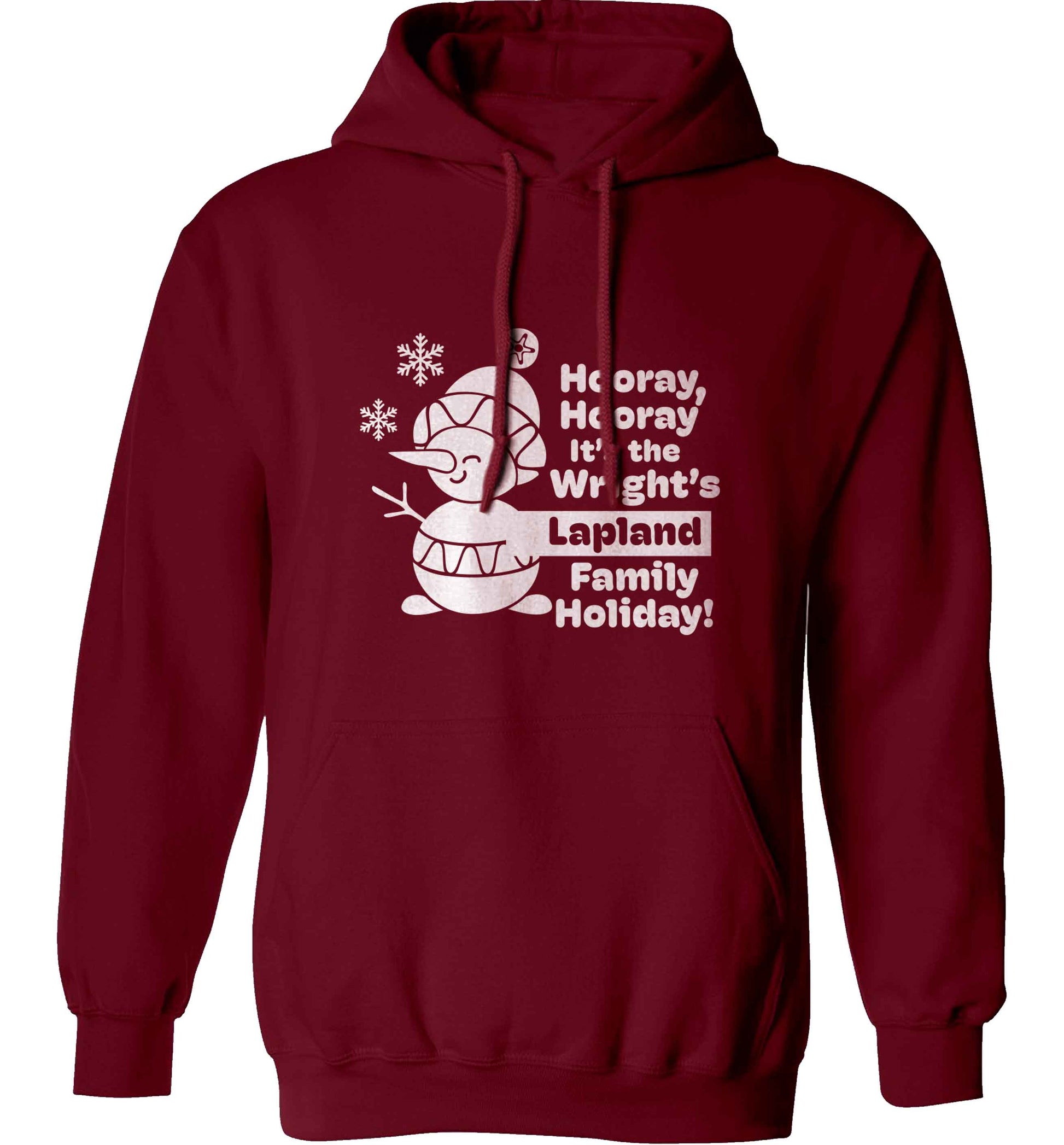 Hooray it's the personalised Lapland holiday! adults unisex maroon hoodie 2XL