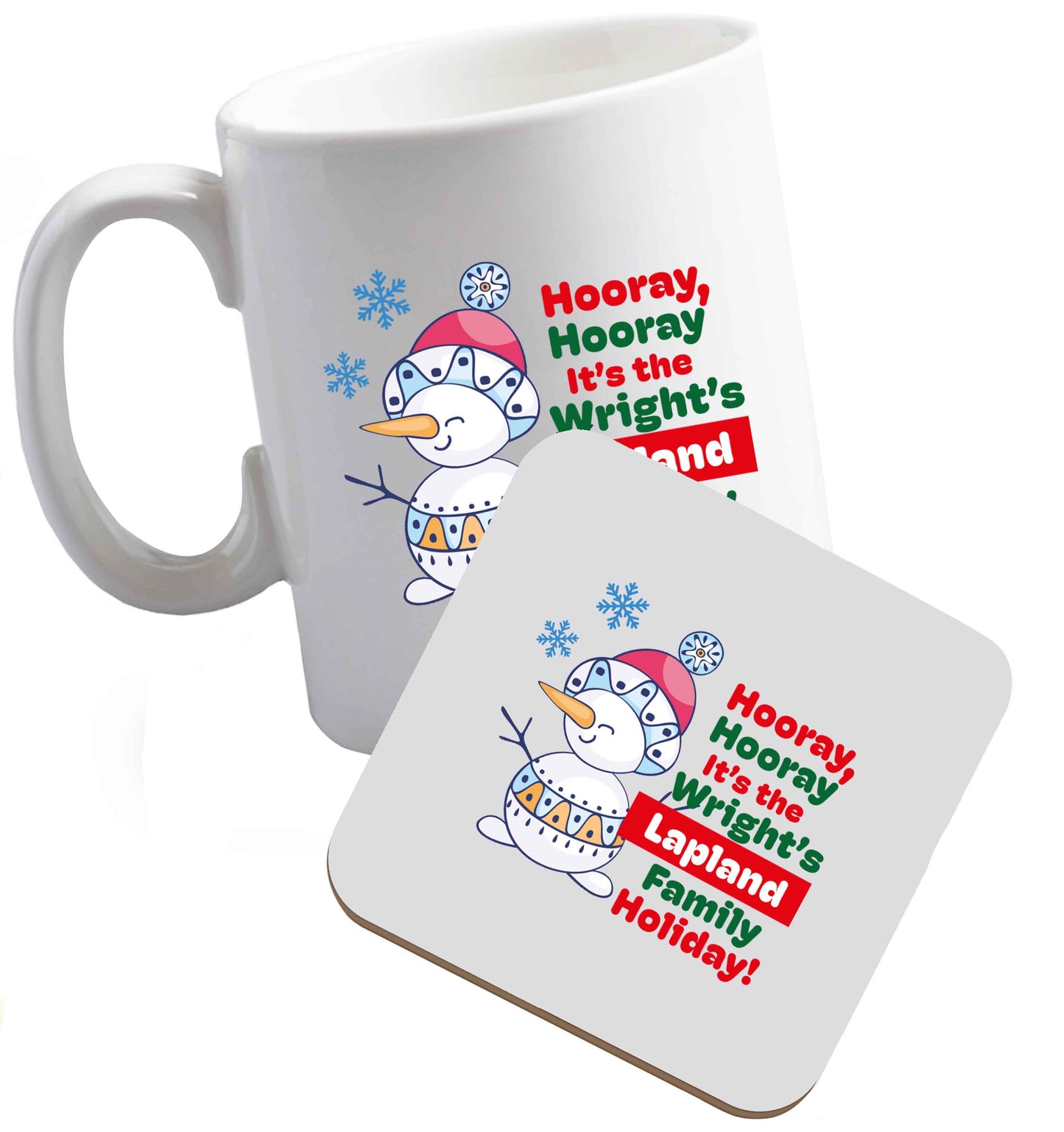 10 oz Hooray it's the personalised Lapland holiday! ceramic mug and coaster set right handed
