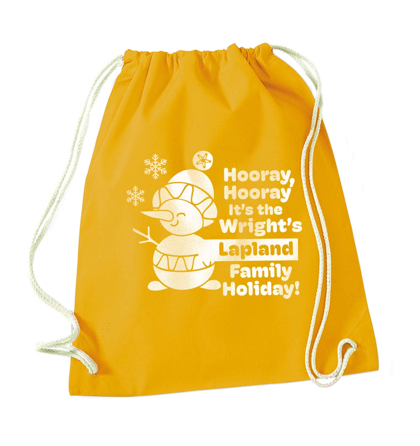 Hooray it's the personalised Lapland holiday! mustard drawstring bag