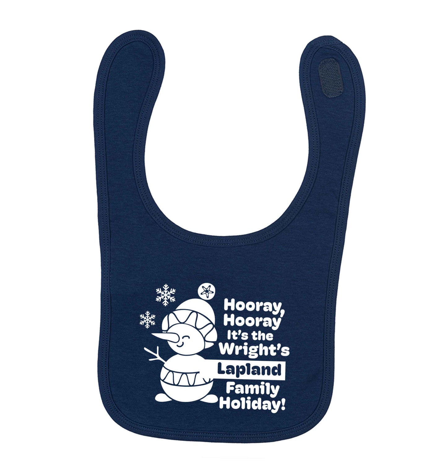 Hooray it's the personalised Lapland holiday! navy baby bib