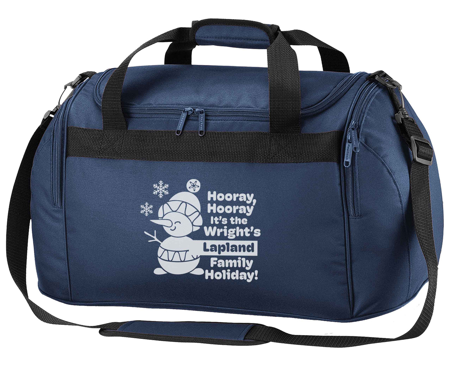 Hooray it's the personalised Lapland holiday! navy holdall / duffel bag