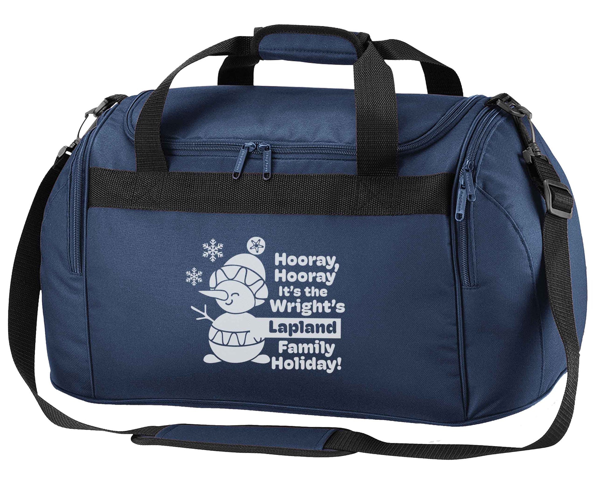 Hooray it's the personalised Lapland holiday! navy holdall / duffel bag