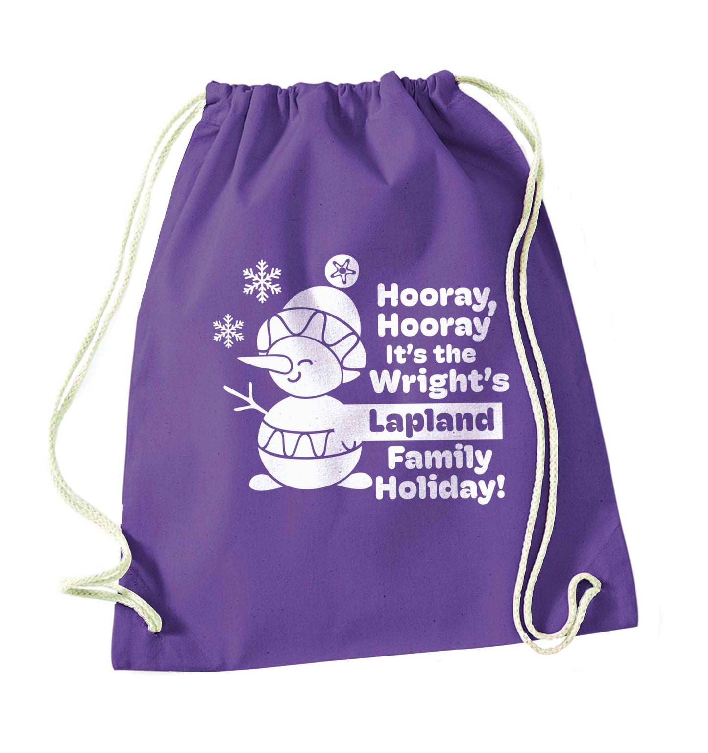 Hooray it's the personalised Lapland holiday! purple drawstring bag