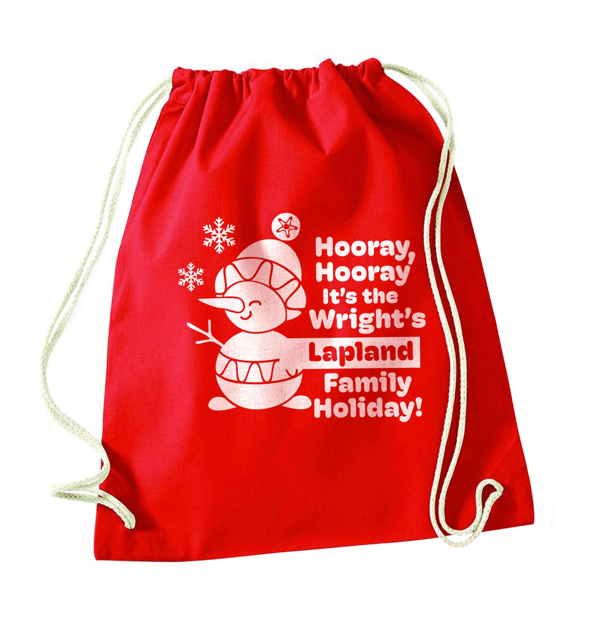 Hooray it's the personalised Lapland holiday! red drawstring bag 