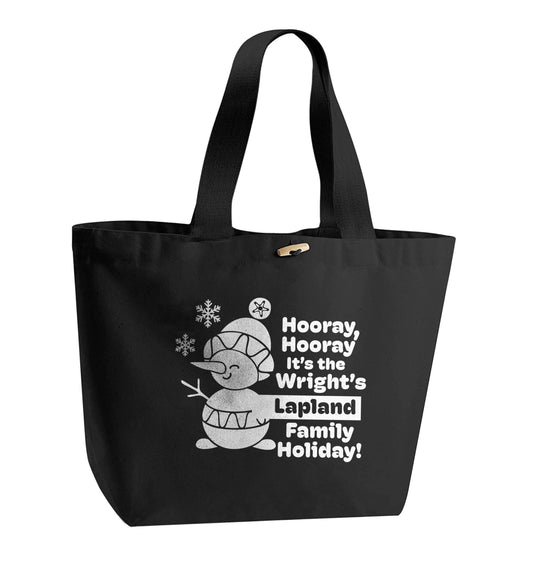 Hooray it's the personalised Lapland holiday! organic cotton premium tote bag with wooden toggle in black