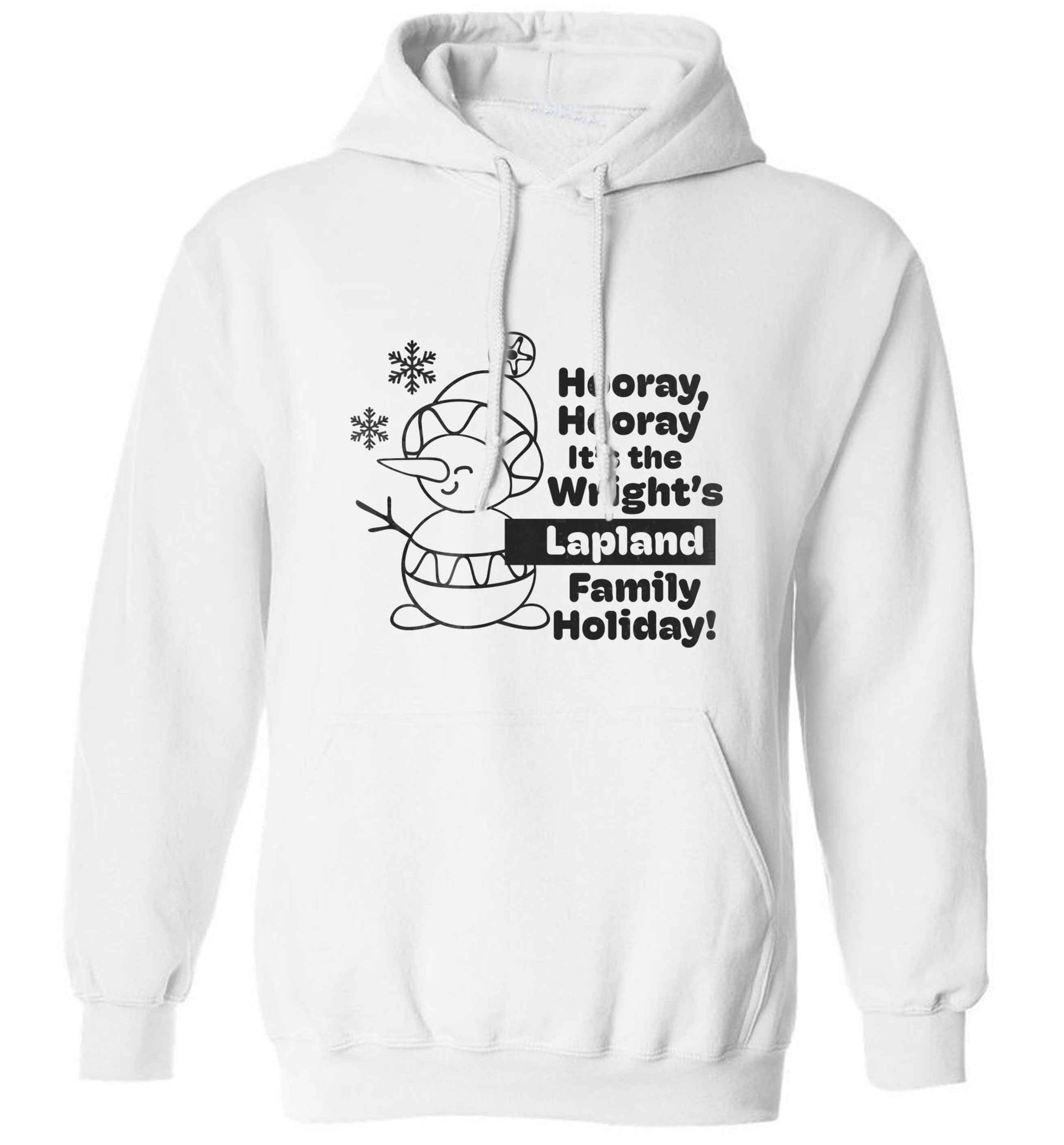 Hooray it's the personalised Lapland holiday! adults unisex white hoodie 2XL