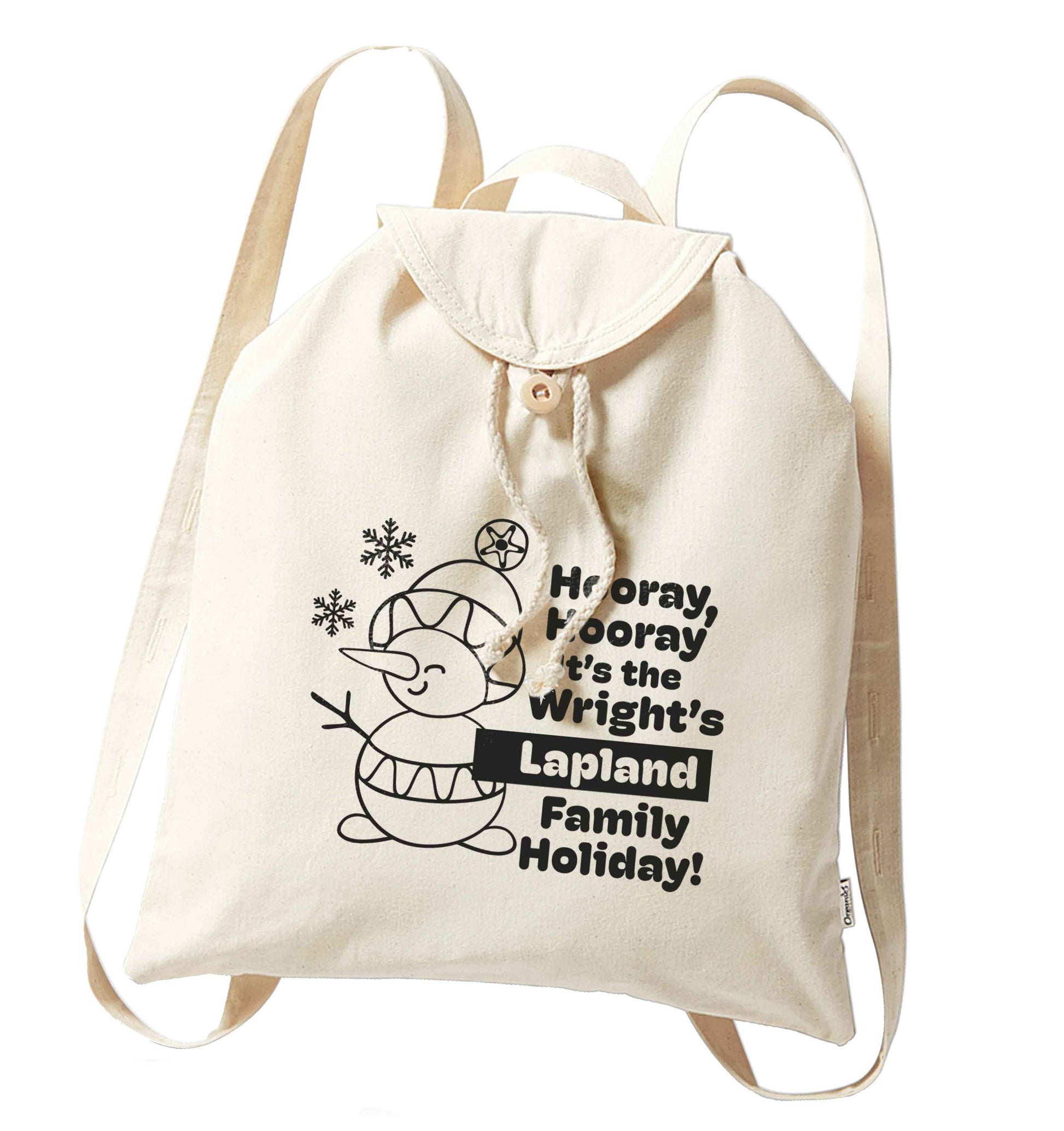 Hooray it's the personalised Lapland holiday! organic cotton backpack tote with wooden buttons in natural