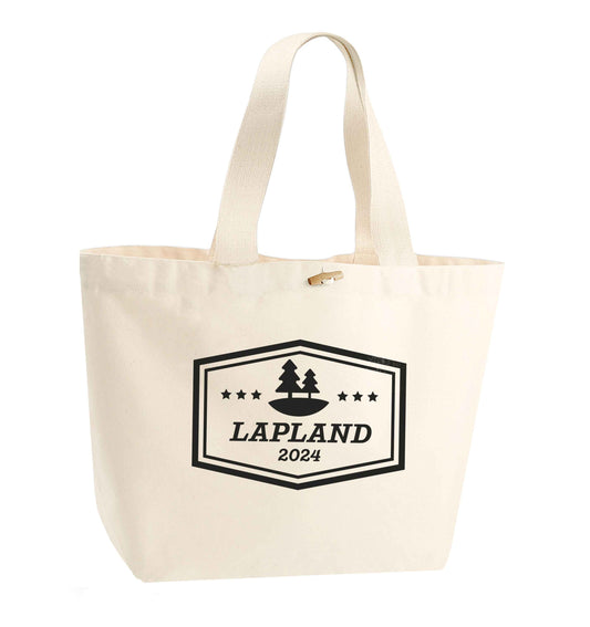 Custom date Lapland organic cotton premium tote bag with wooden toggle in natural