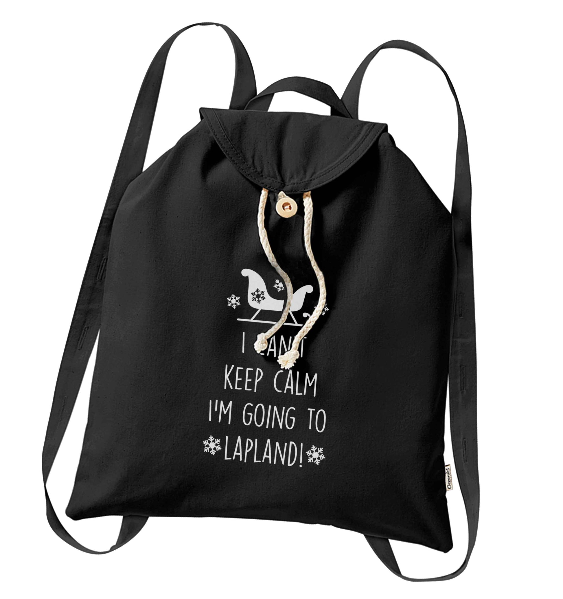 I can't keep calm I'm going to Lapland organic cotton backpack tote with wooden buttons in black