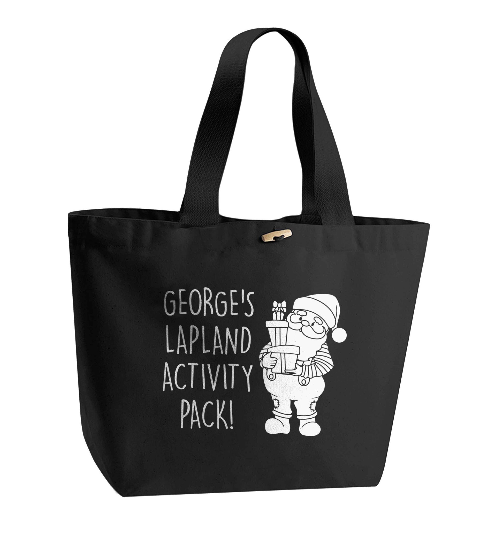 Custom Lapland activity pack organic cotton premium tote bag with wooden toggle in black