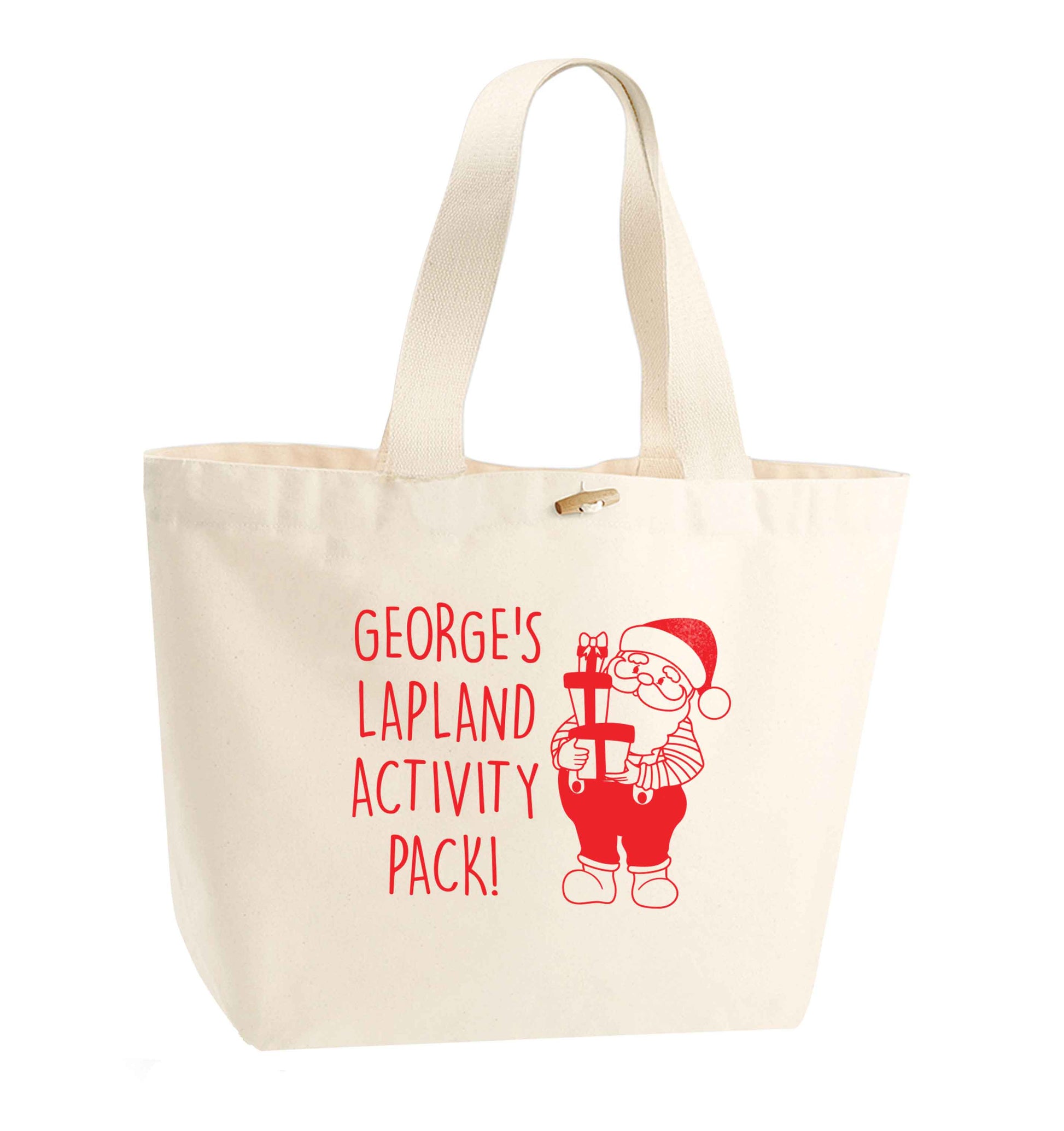 Custom Lapland activity pack organic cotton premium tote bag with wooden toggle in natural