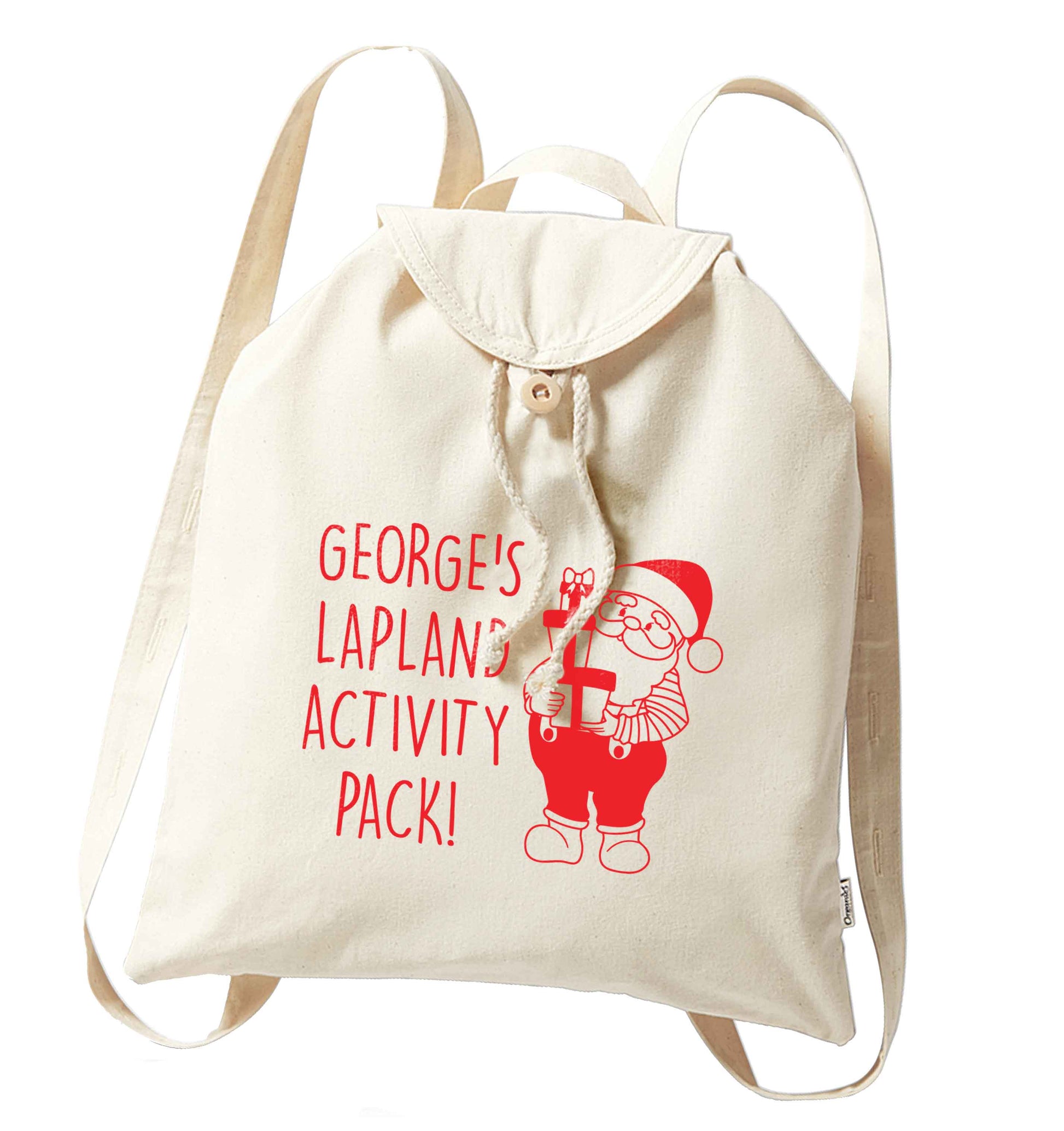 Custom Lapland activity pack organic cotton backpack tote with wooden buttons in natural