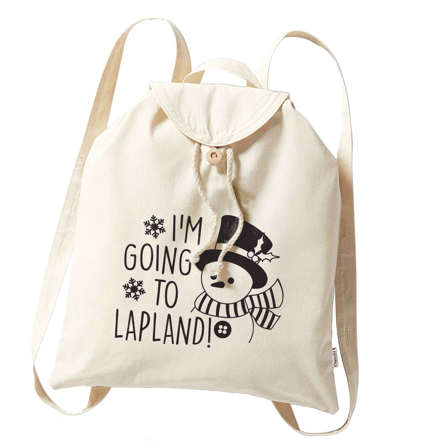 I'm going to Lapland organic cotton backpack tote with wooden buttons in natural
