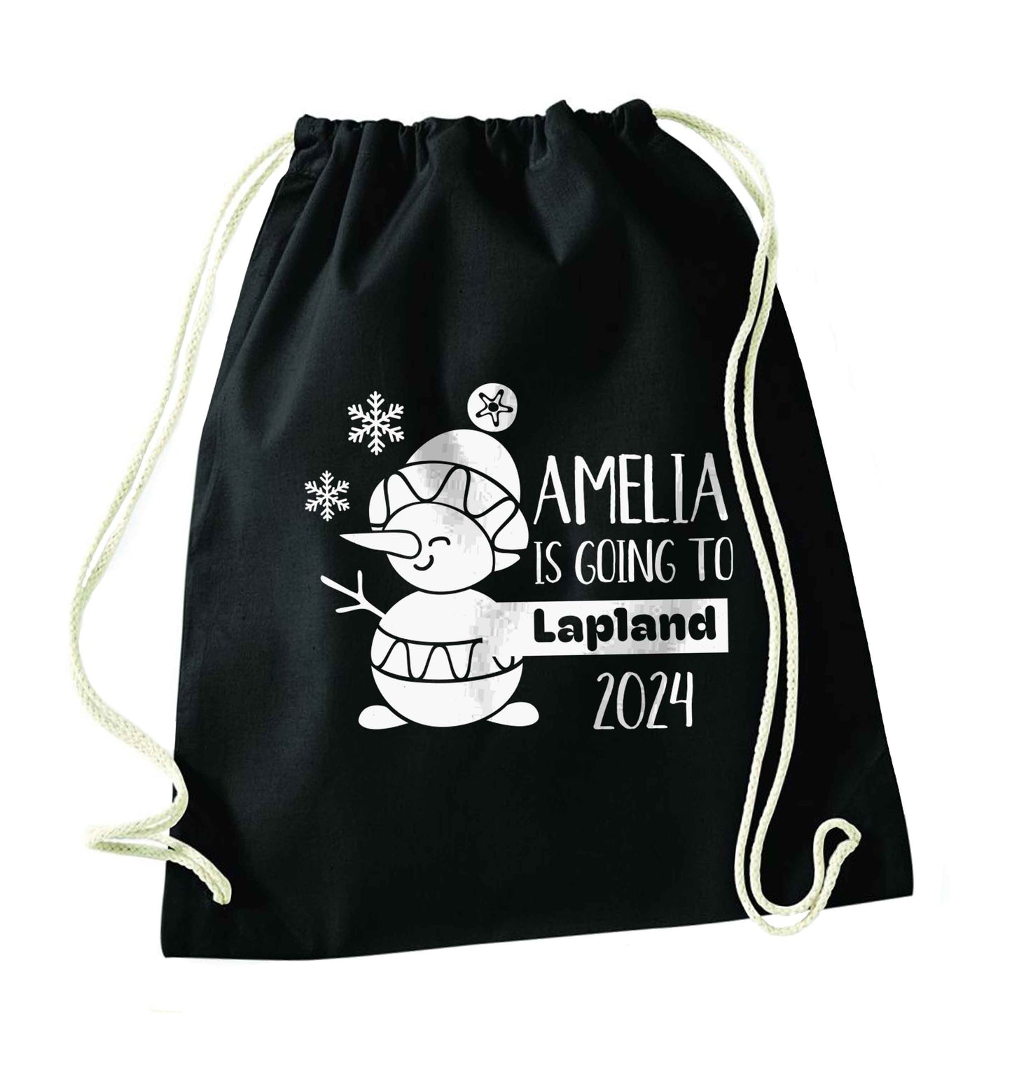 Any name here - is going to Lapland personalised black drawstring bag