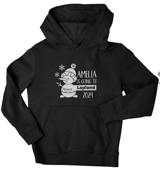 Any name here - is going to Lapland personalised children's black hoodie 12-13 Years