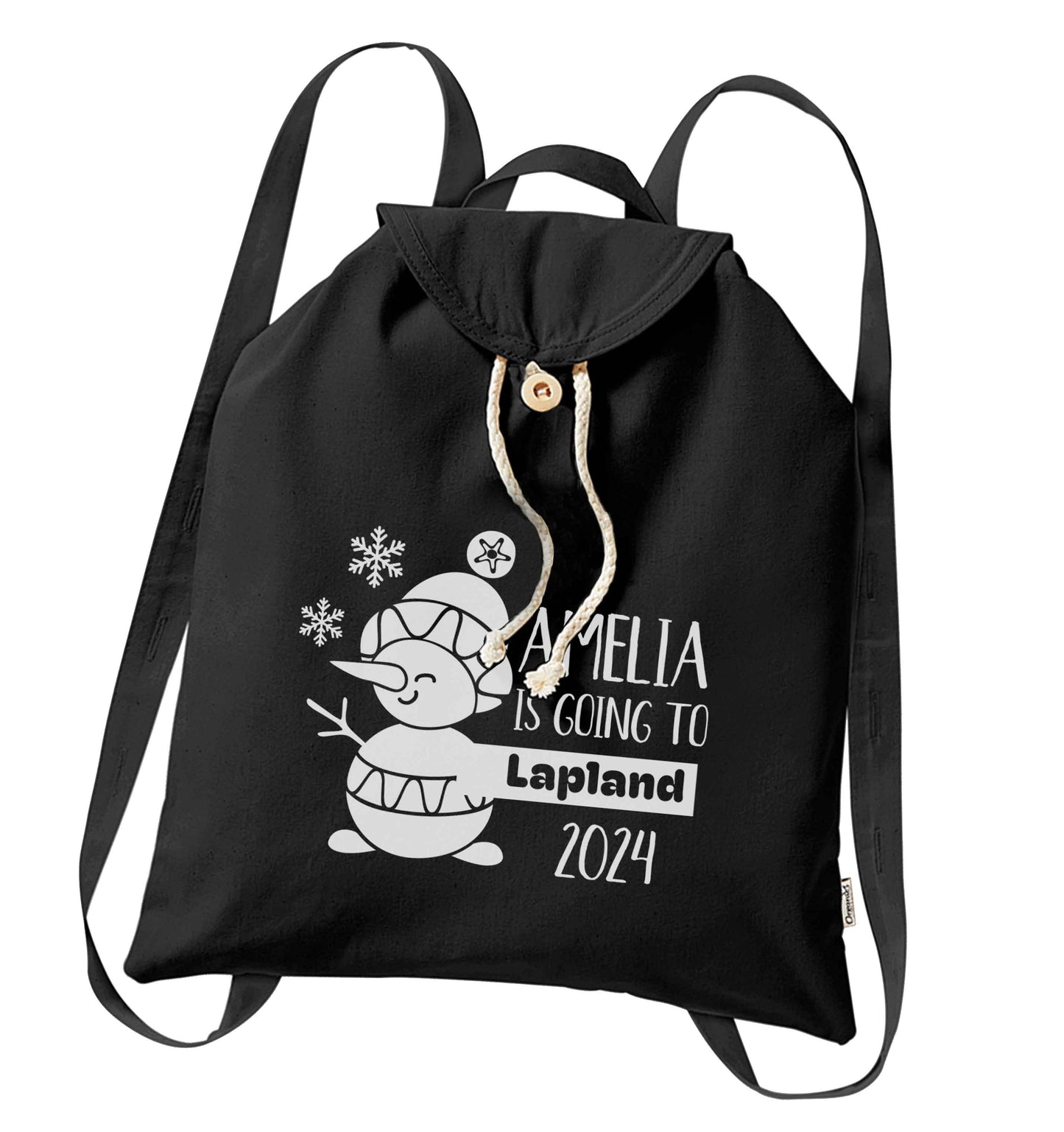Any name here - is going to Lapland personalised organic cotton backpack tote with wooden buttons in black