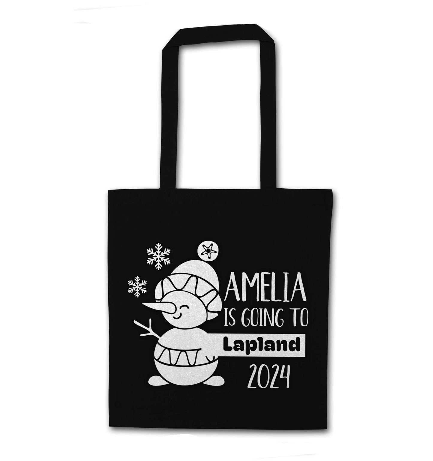 Any name here - is going to Lapland personalised black tote bag