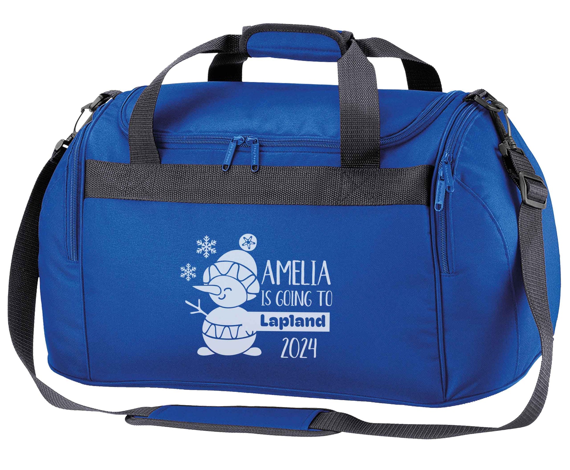 Any name here - is going to Lapland personalised royal blue holdall / duffel bag