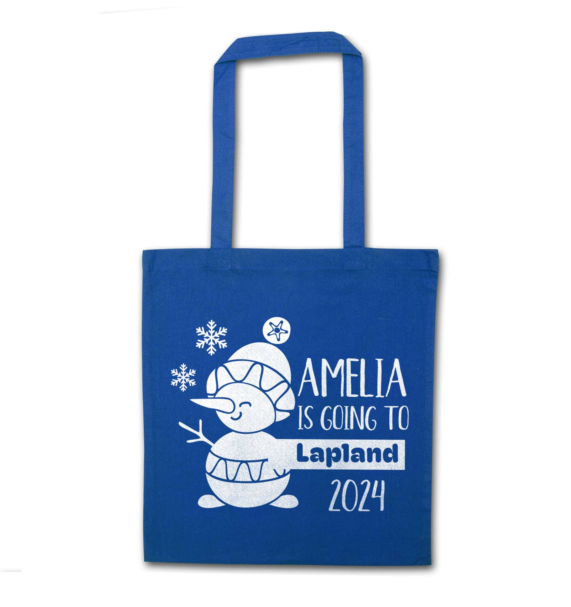 Any name here - is going to Lapland personalised blue tote bag