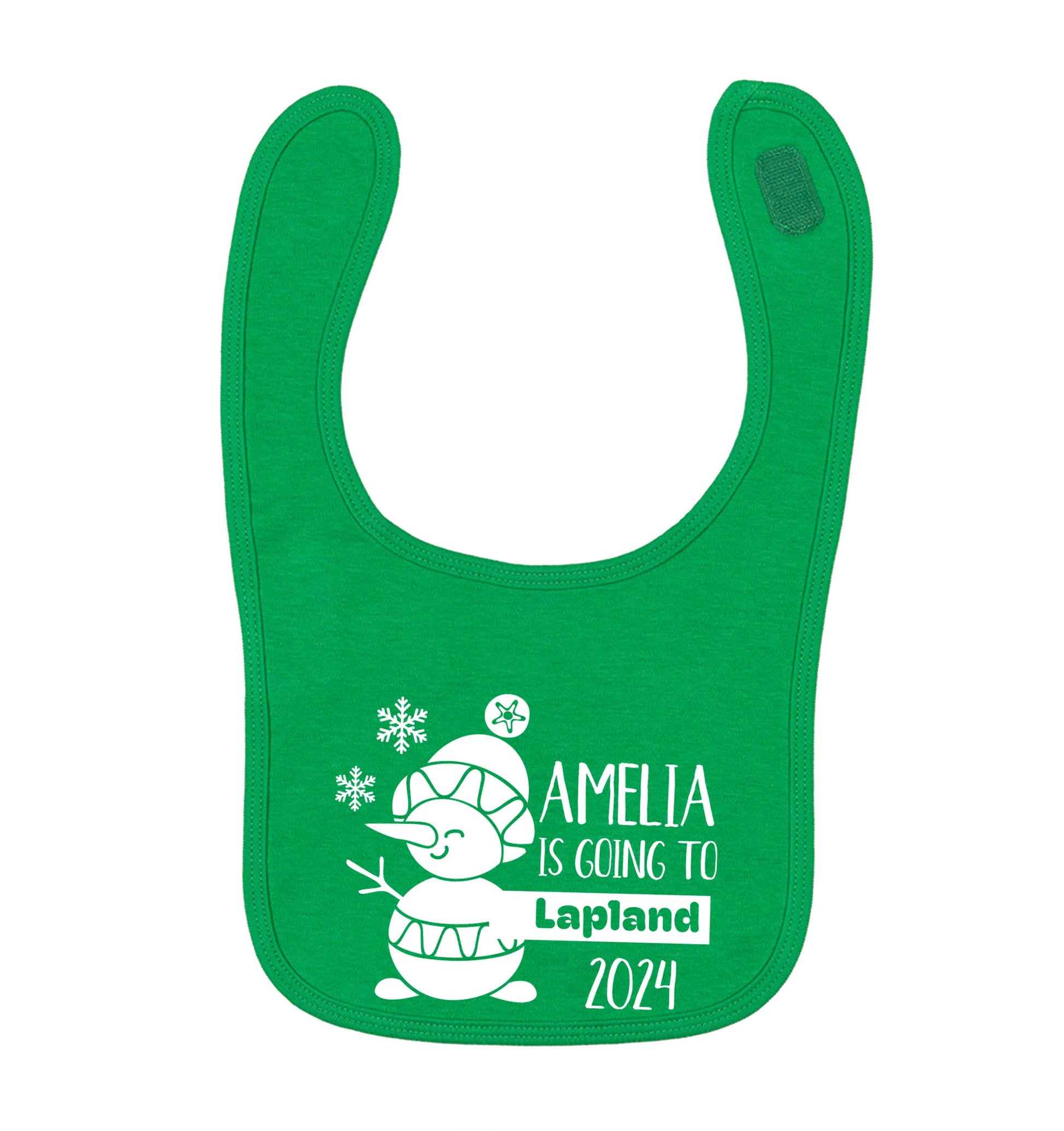 Any name here - is going to Lapland personalised green baby bib