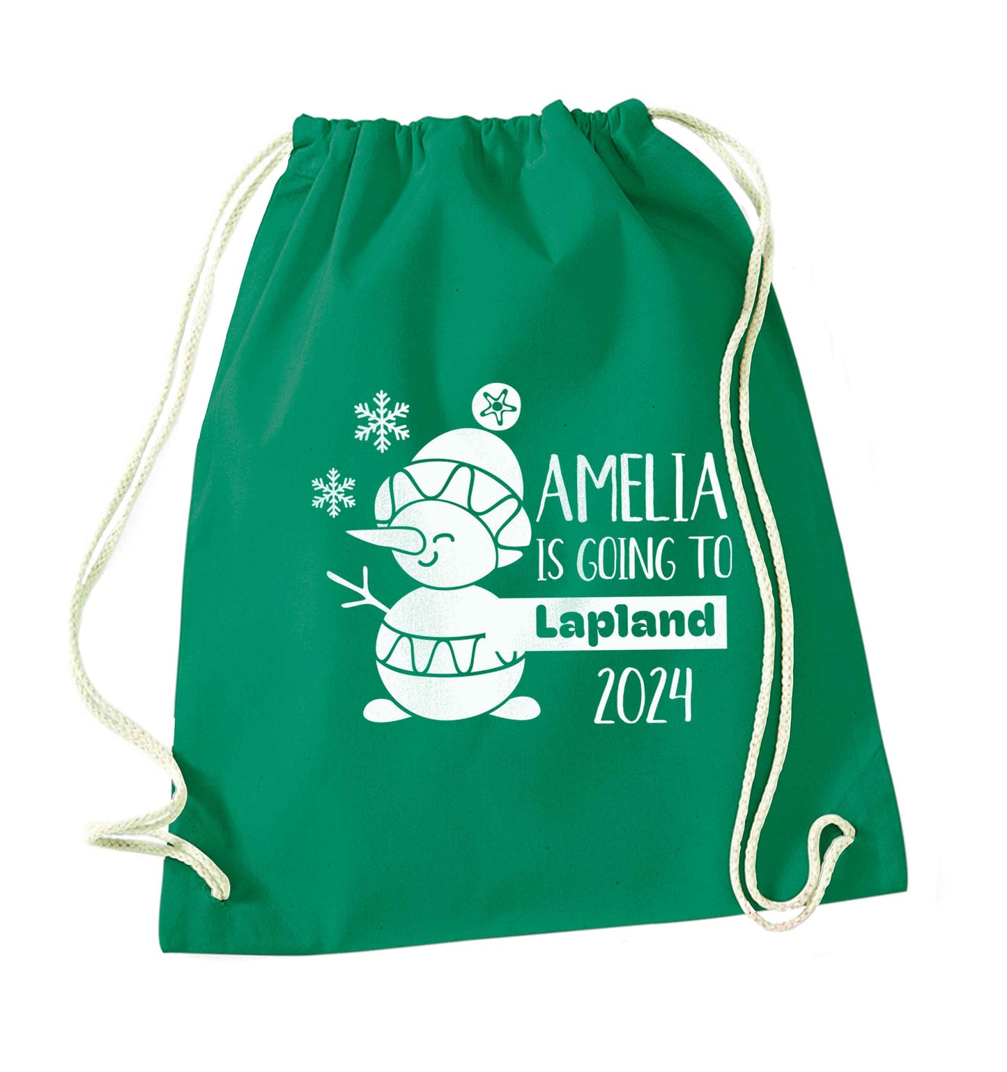 Any name here - is going to Lapland personalised green drawstring bag