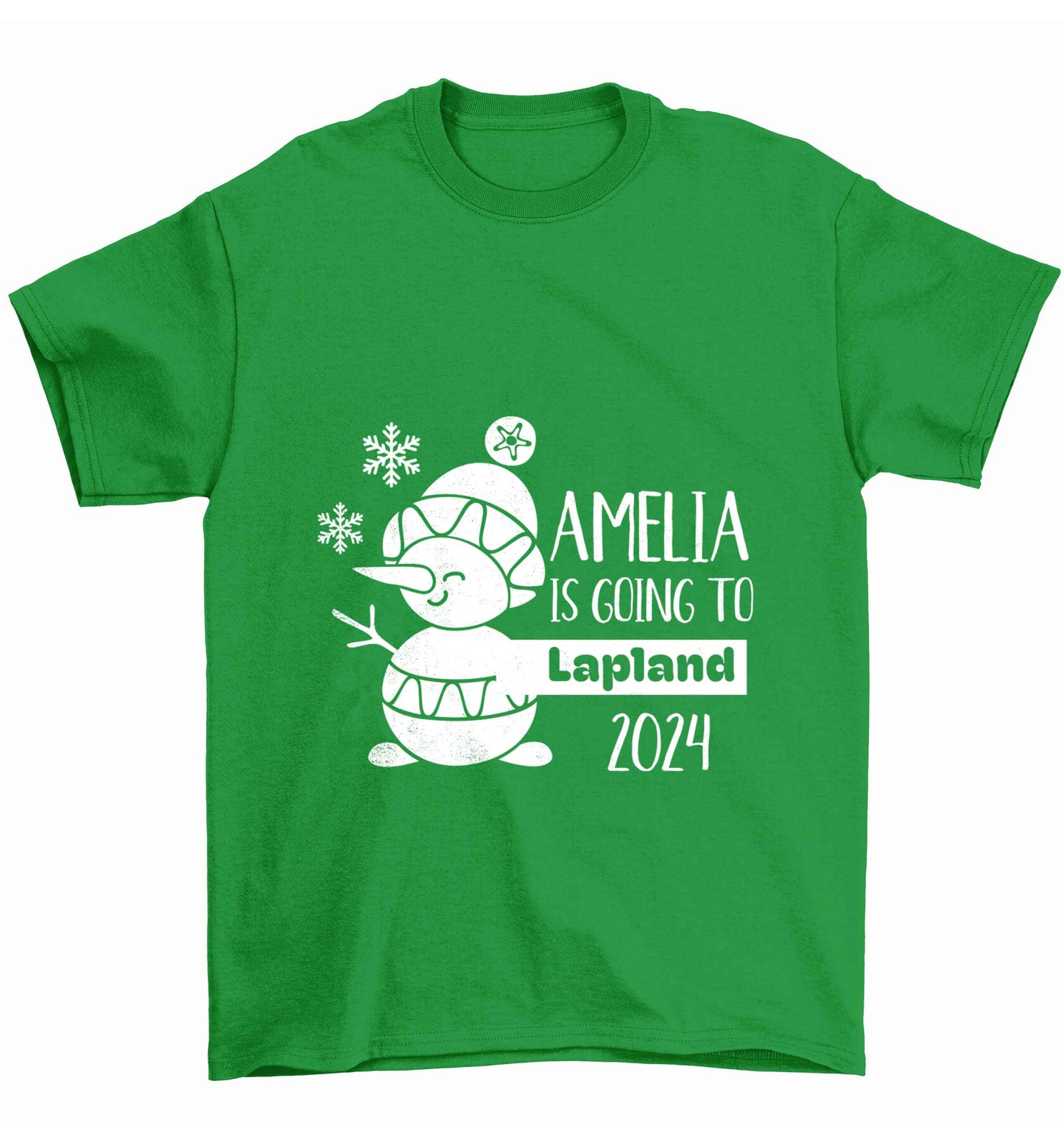 Any name here - is going to Lapland personalised Children's green Tshirt 12-13 Years