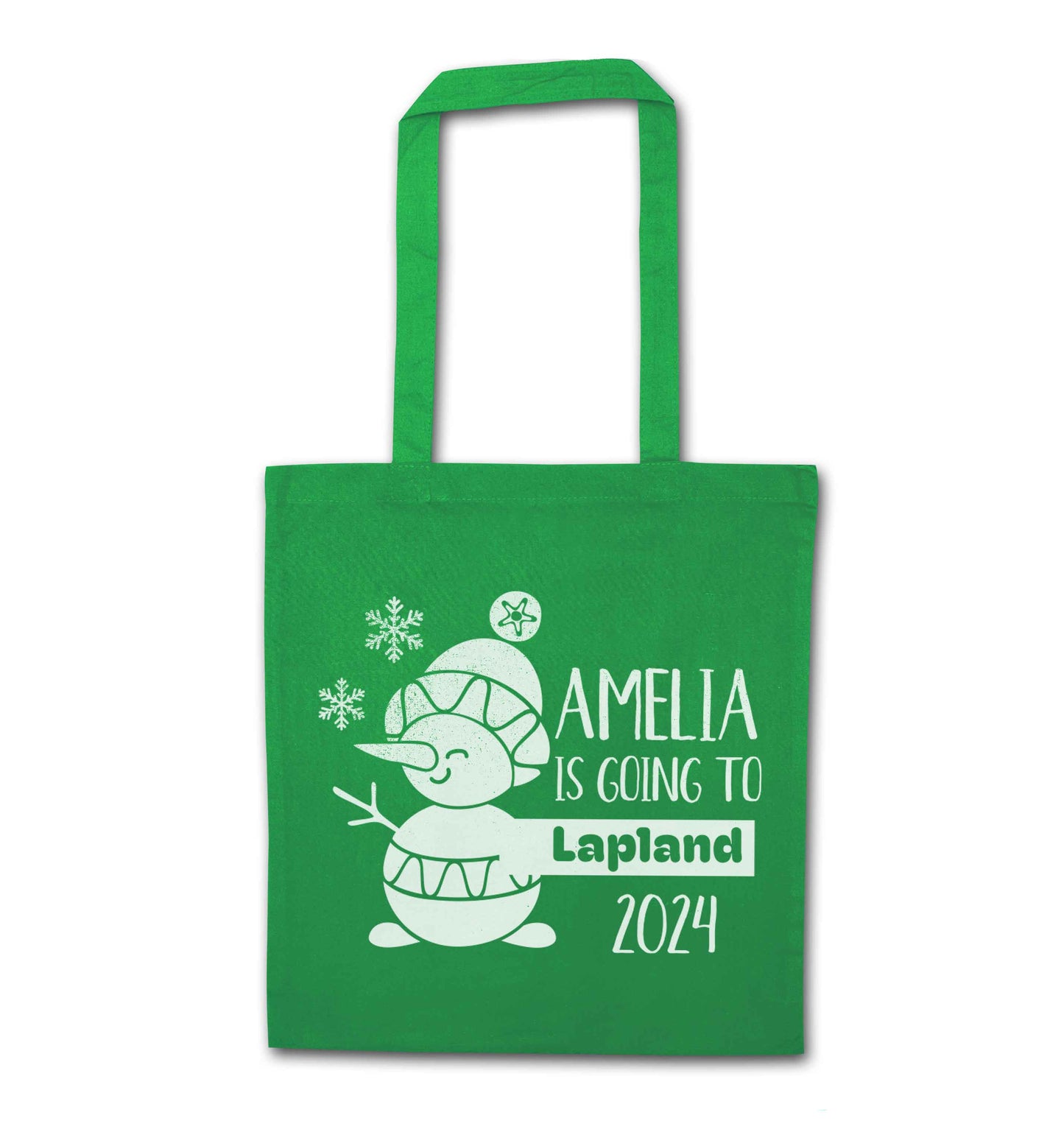Any name here - is going to Lapland personalised green tote bag