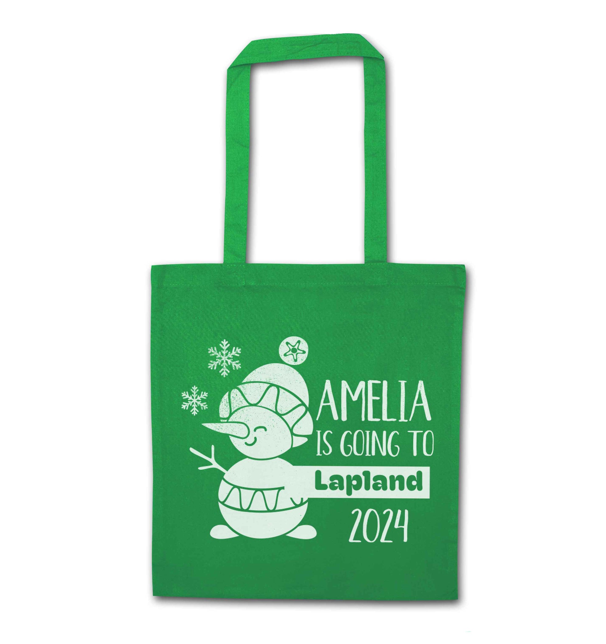 Any name here - is going to Lapland personalised green tote bag