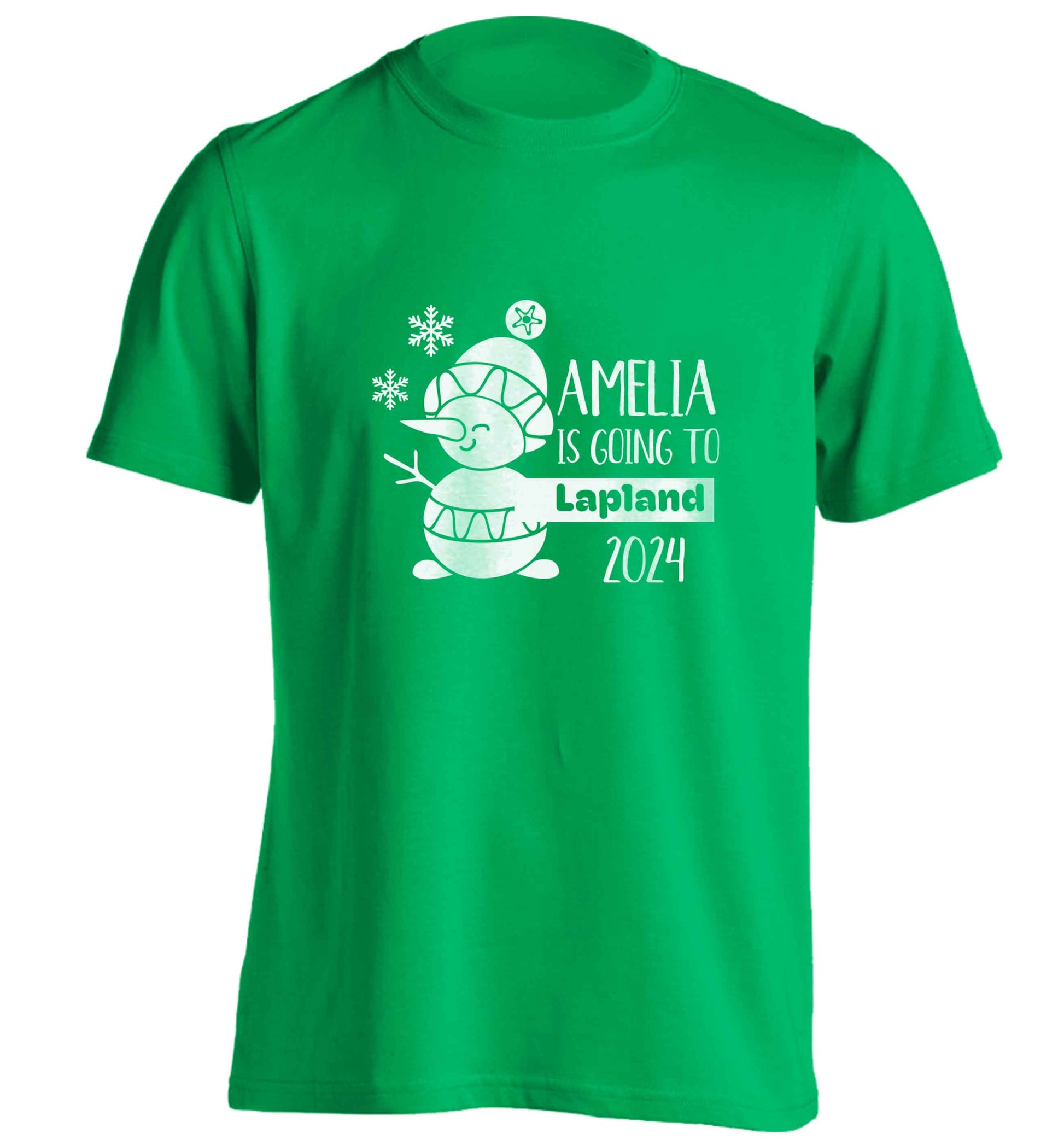 Any name here - is going to Lapland personalised adults unisex green Tshirt 2XL
