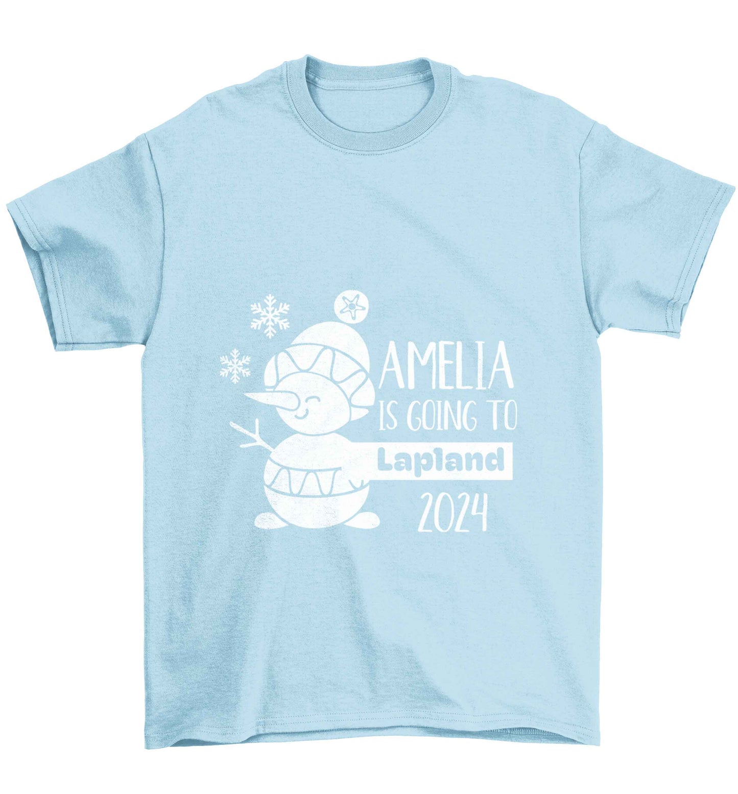 Any name here - is going to Lapland personalised Children's light blue Tshirt 12-13 Years