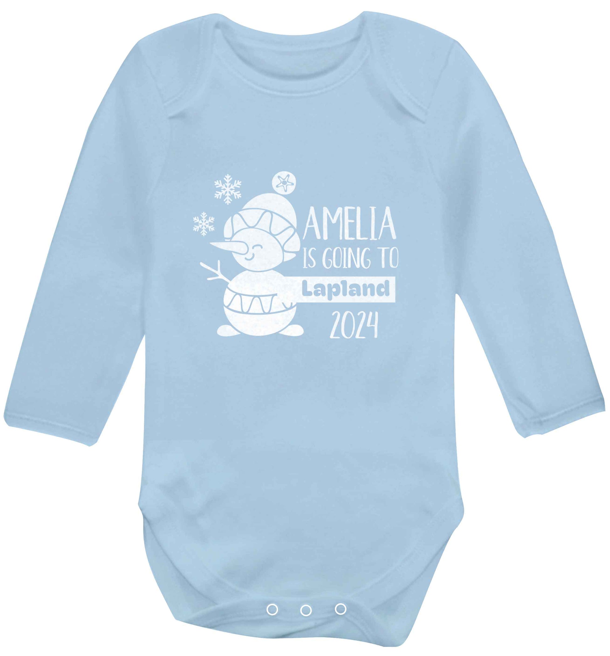 Any name here - is going to Lapland personalised baby vest long sleeved pale blue 6-12 months
