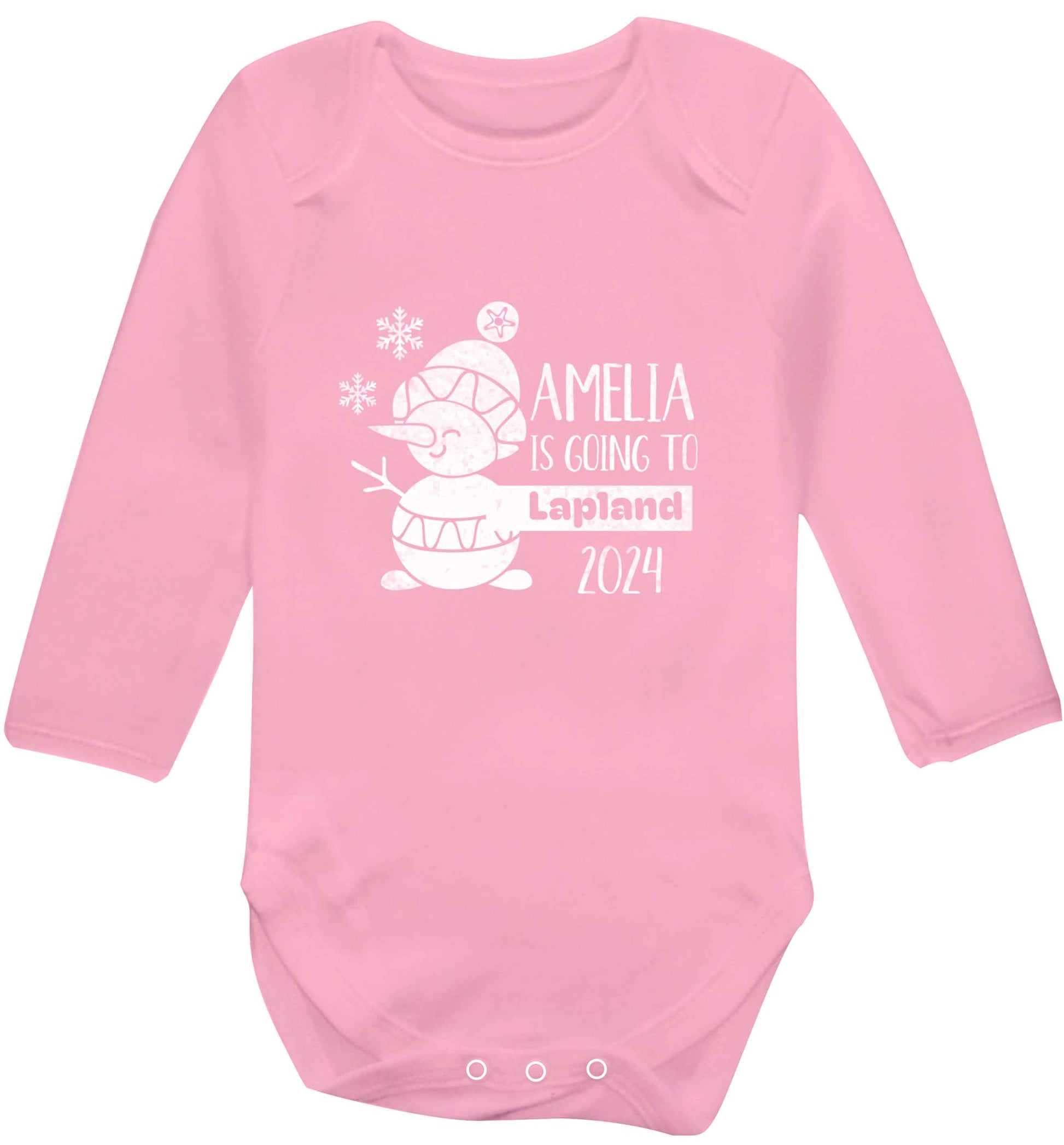 Any name here - is going to Lapland personalised baby vest long sleeved pale pink 6-12 months