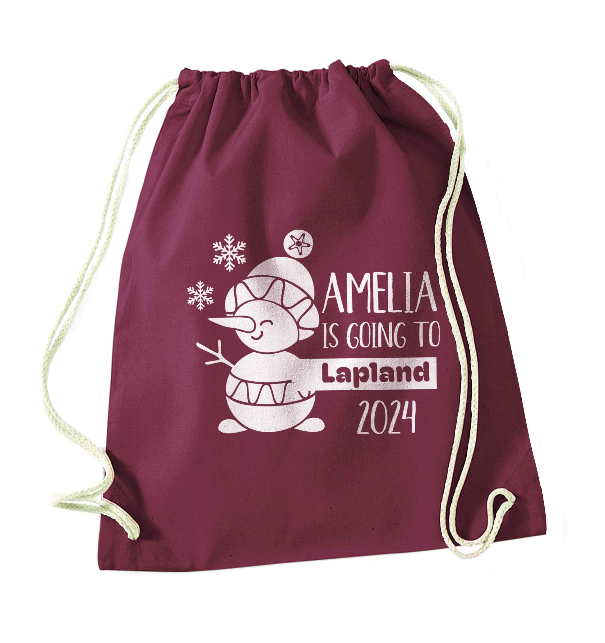 Any name here - is going to Lapland personalised maroon drawstring bag