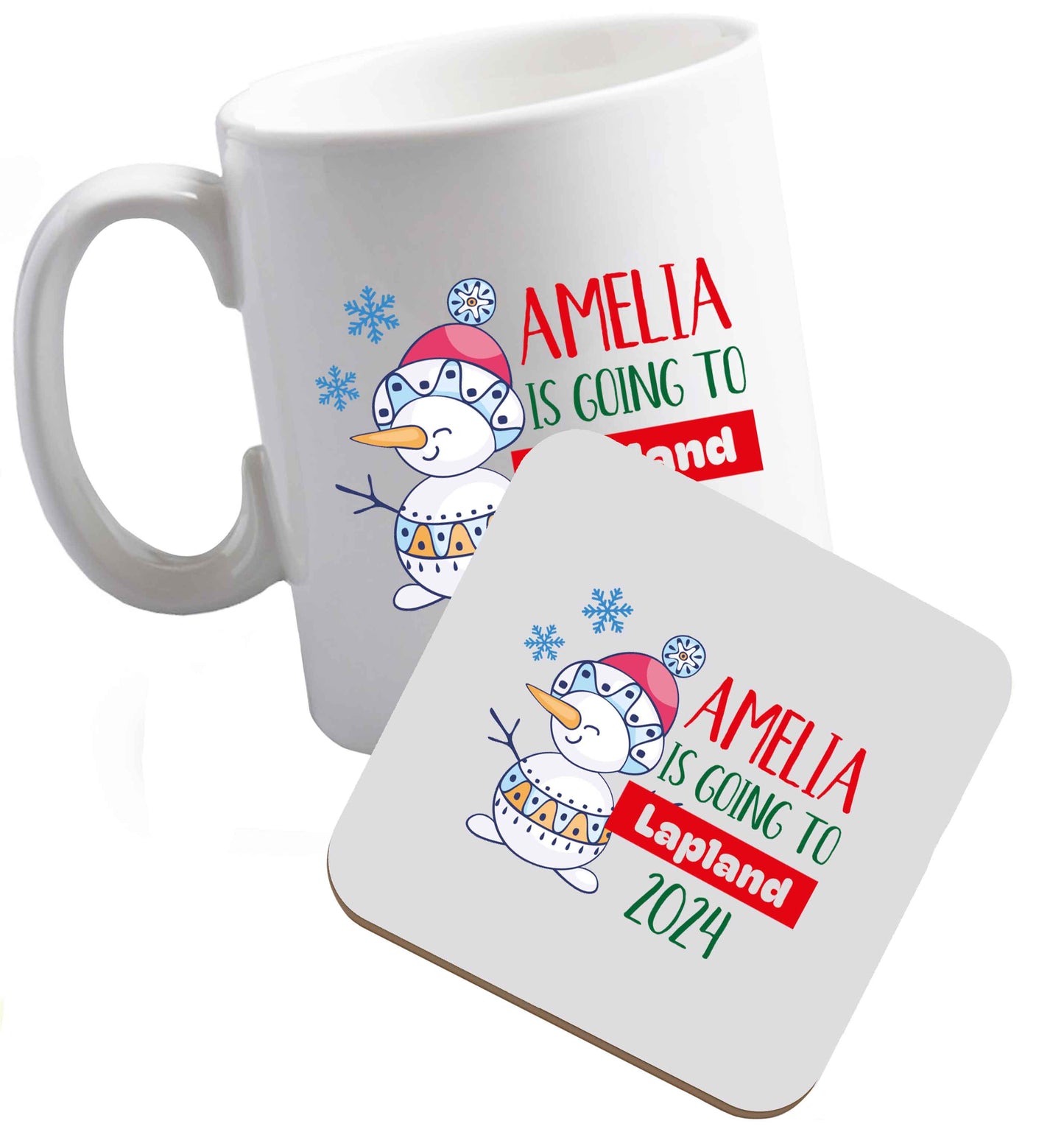 10 oz Any name here - is going to Lapland personalised ceramic mug and coaster set right handed