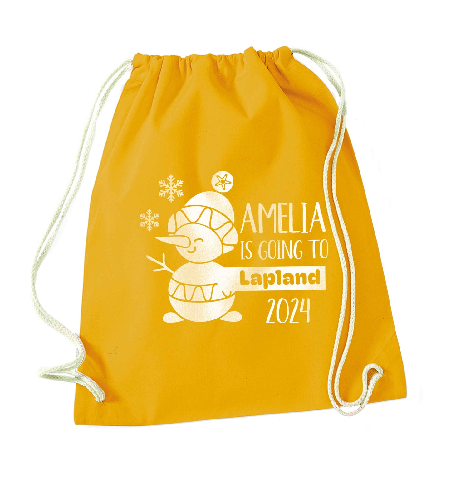 Any name here - is going to Lapland personalised mustard drawstring bag