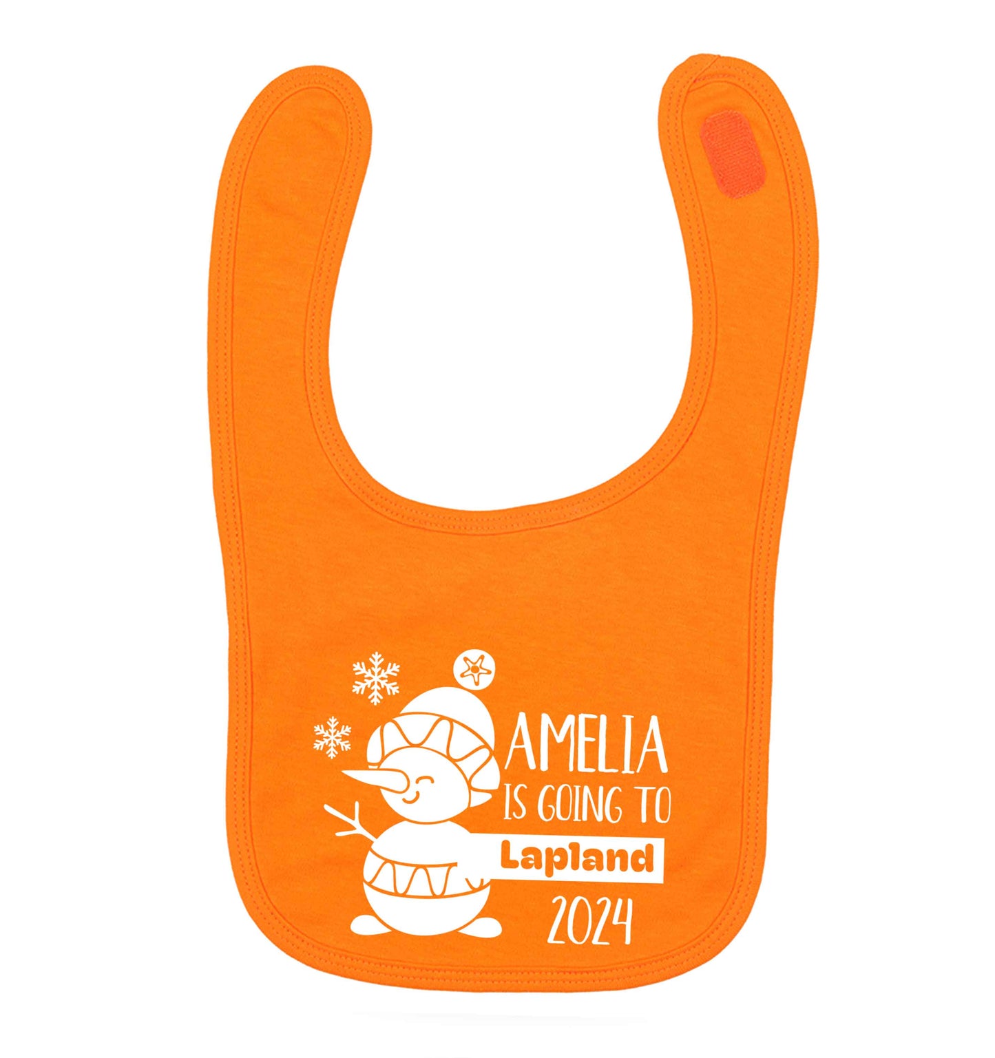 Any name here - is going to Lapland personalised orange baby bib