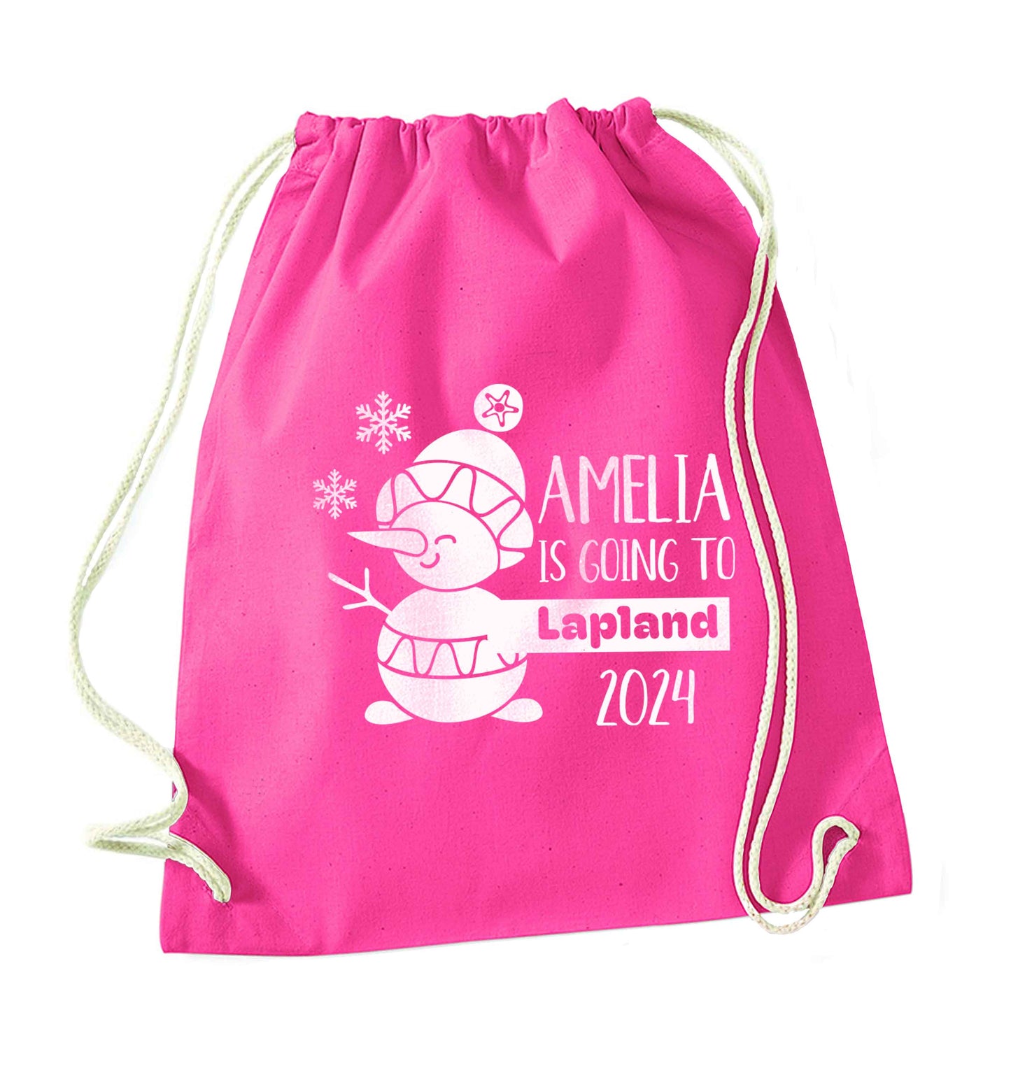 Any name here - is going to Lapland personalised pink drawstring bag