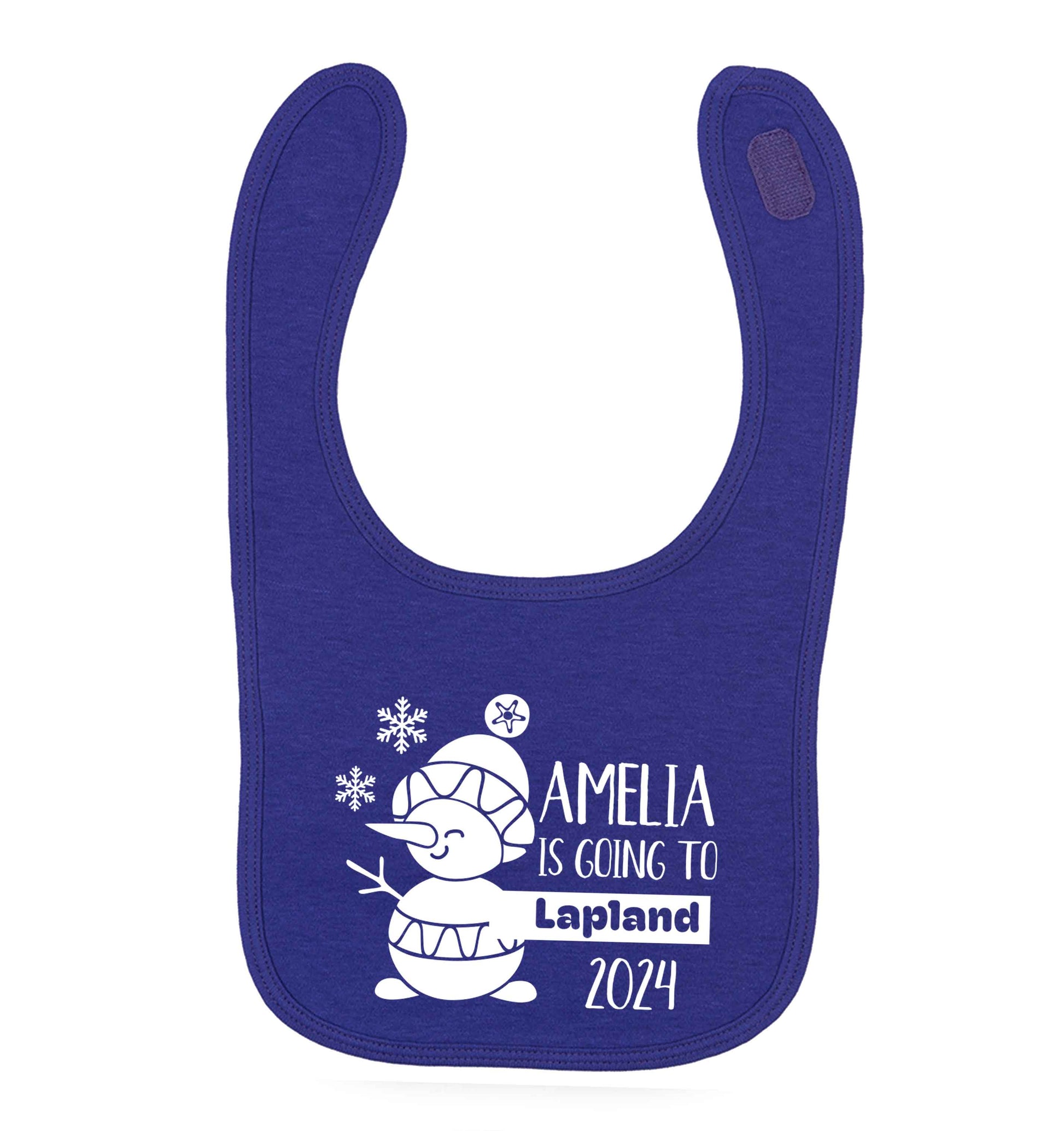 Any name here - is going to Lapland personalised purple baby bib