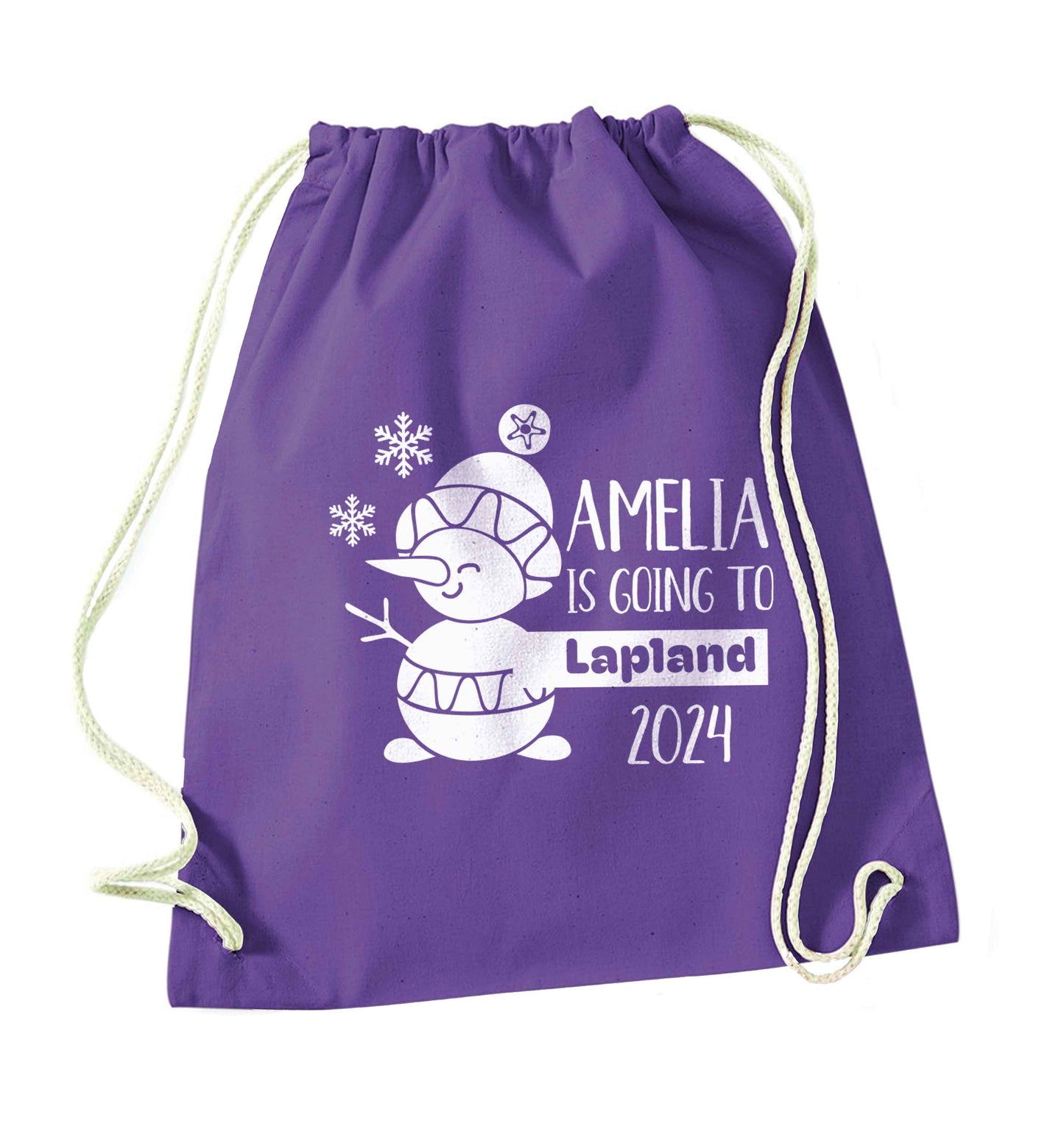 Any name here - is going to Lapland personalised purple drawstring bag