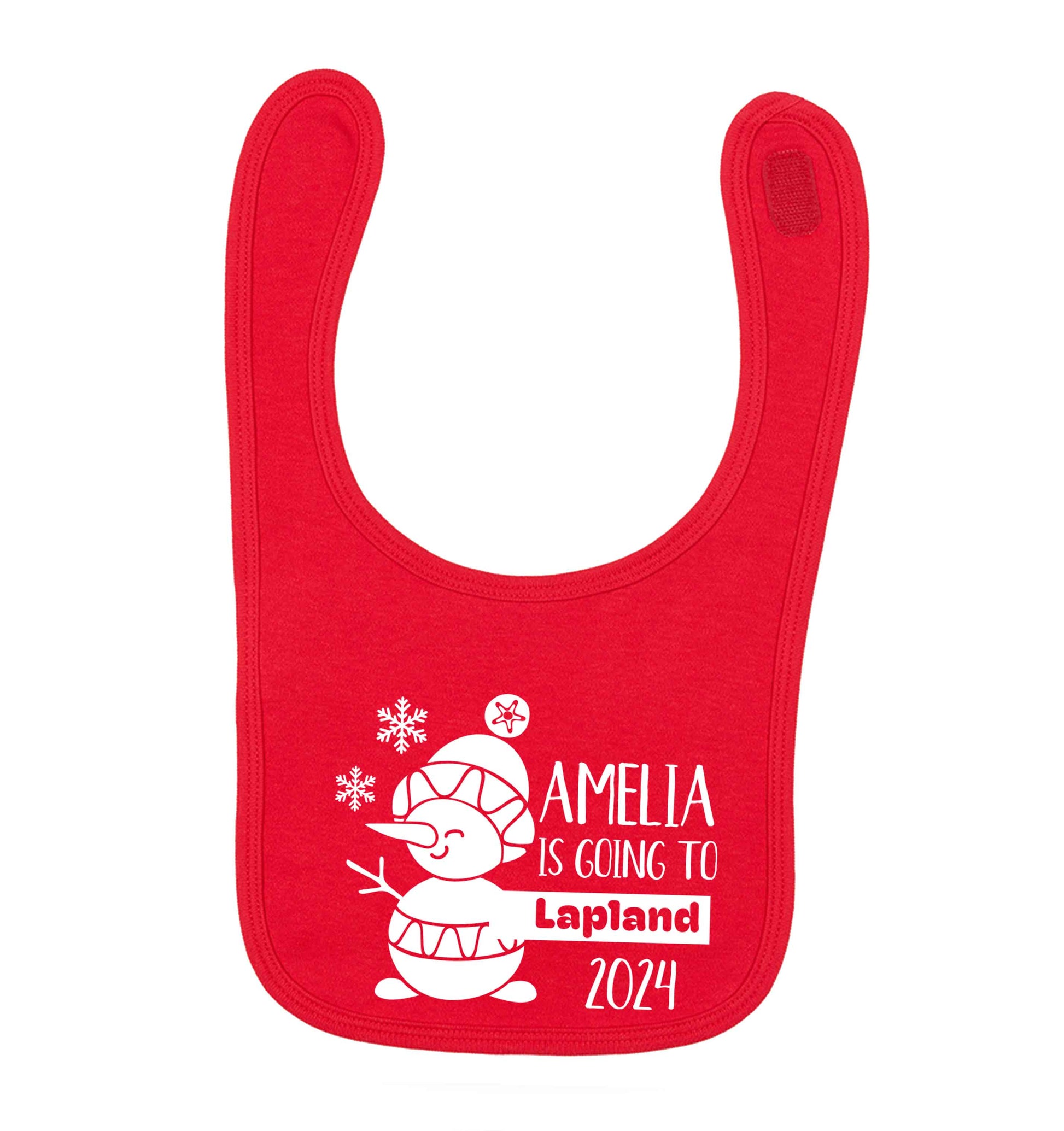 Any name here - is going to Lapland personalised red baby bib
