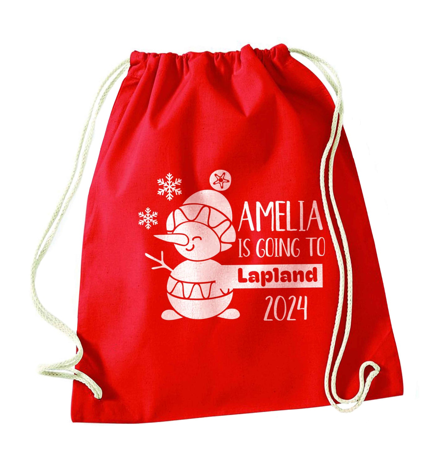 Any name here - is going to Lapland personalised red drawstring bag 