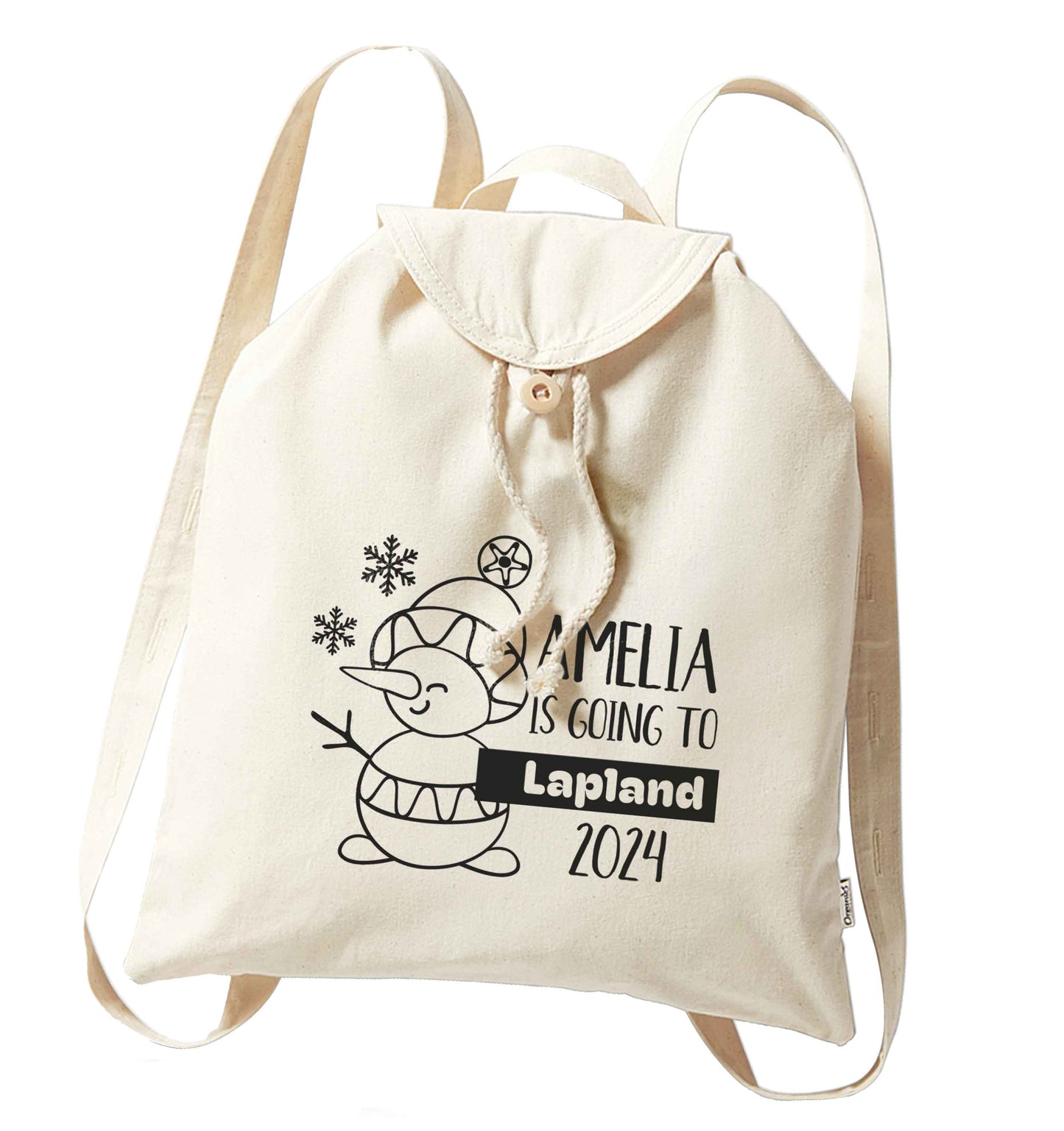 Any name here - is going to Lapland personalised organic cotton backpack tote with wooden buttons in natural